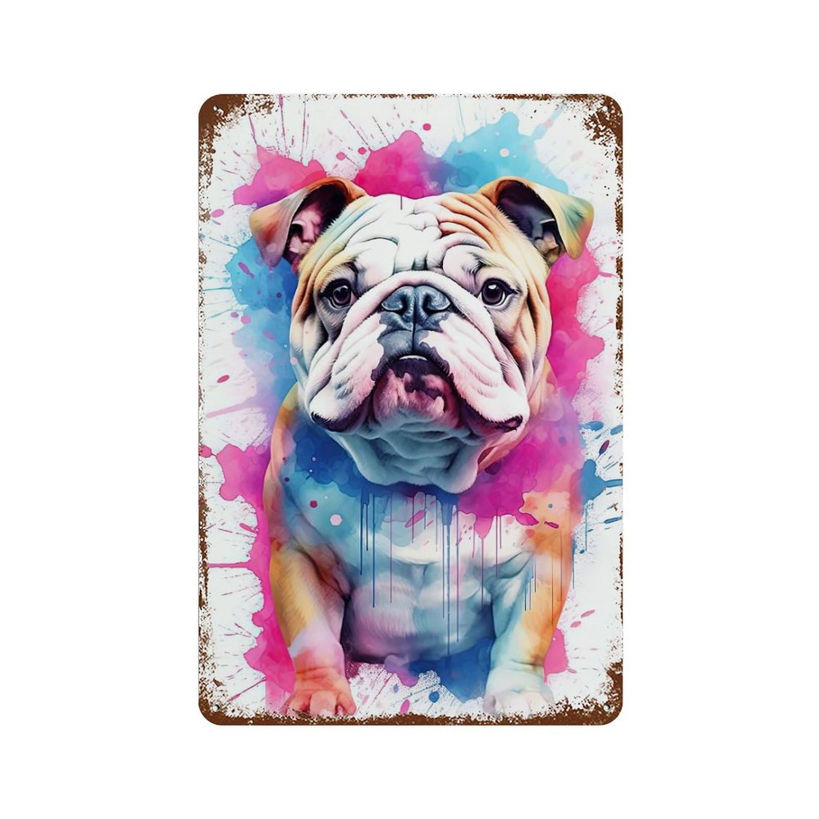 Rust Effect Baby Bulldog Watercolor Decorative Tin Sign 11.8"x7.9", Vintage Wall Decor for Farmhouse, Kitchen And Entryway Decor