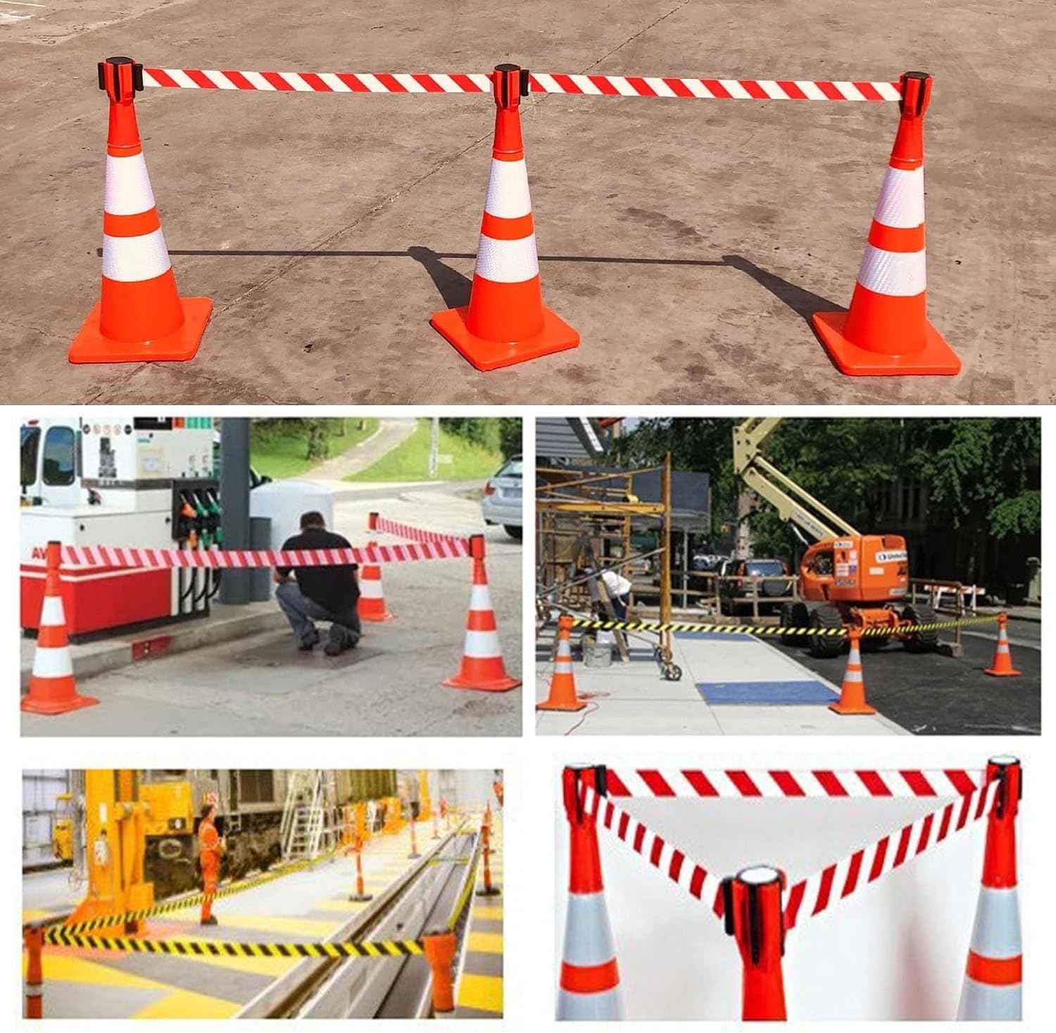 Barrera retráctil de Cinta roja y Amarilla con remate de Cono para Control de tráfico y peatones (10 m/32,8 pies)