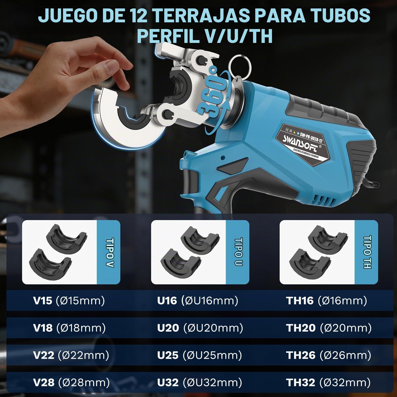 SWANSOFT Alicates de Prensa Hidráulica 18V con Perfiles V/U/TH, Prensadora Hidráulica a Batería con 12 Matrices V15-18-22-28 U16-20-25-32 TH16-20-26-32 para Cobre, Acero Inoxidable y Tubo Multicapa