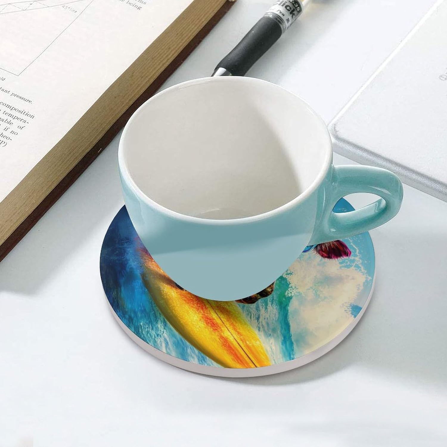 Funny Cow Ocean Surfing Coasters for Drink Round Ceramic Coaster with Cork Base Home Decorative 6PCS