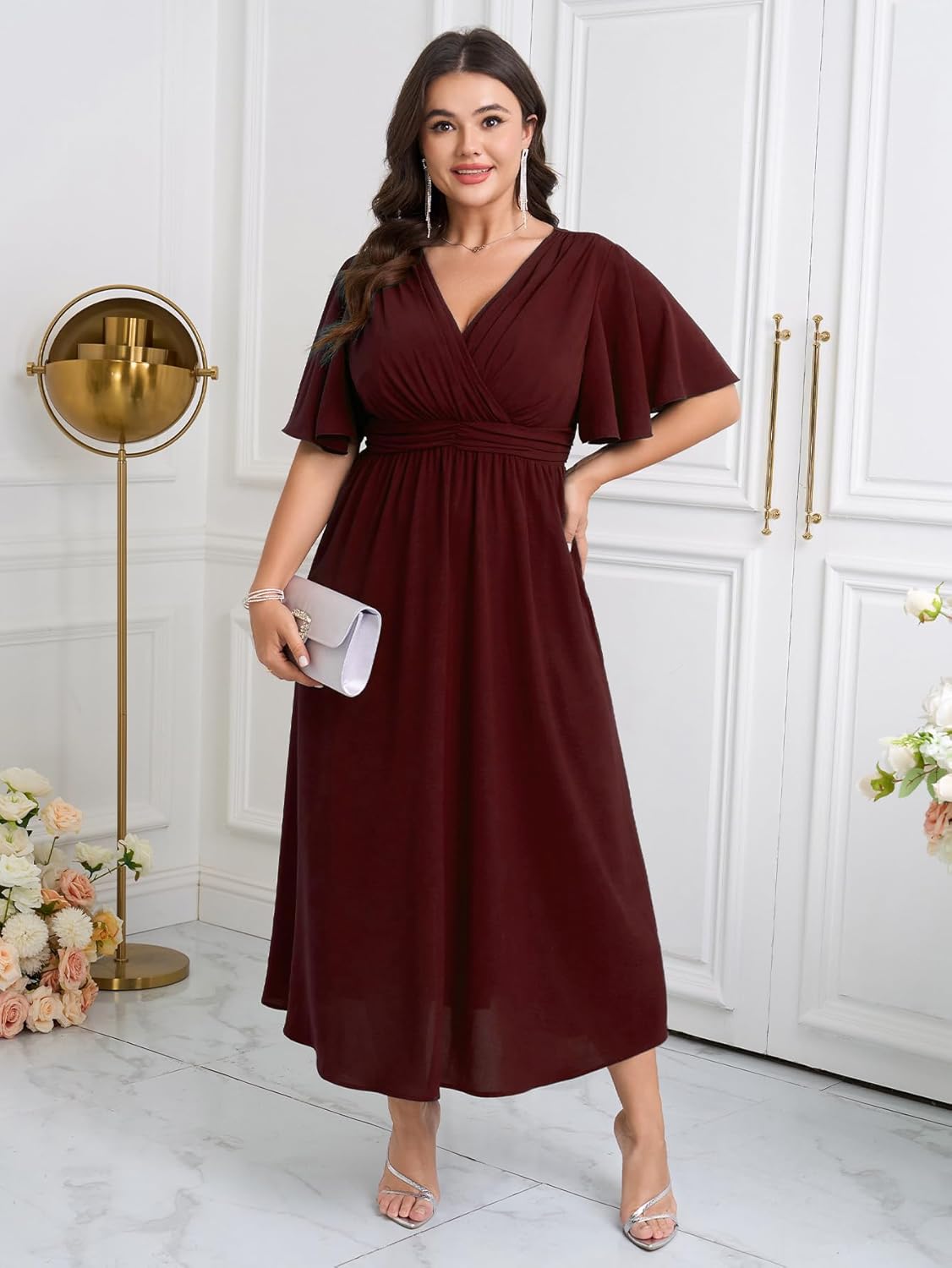 Womens Plus Size Wrap V Neck Dress Short Flutter Sleeve Pleated Empire Waist Ruffle A Line Maxi Long Dresses - Image 2