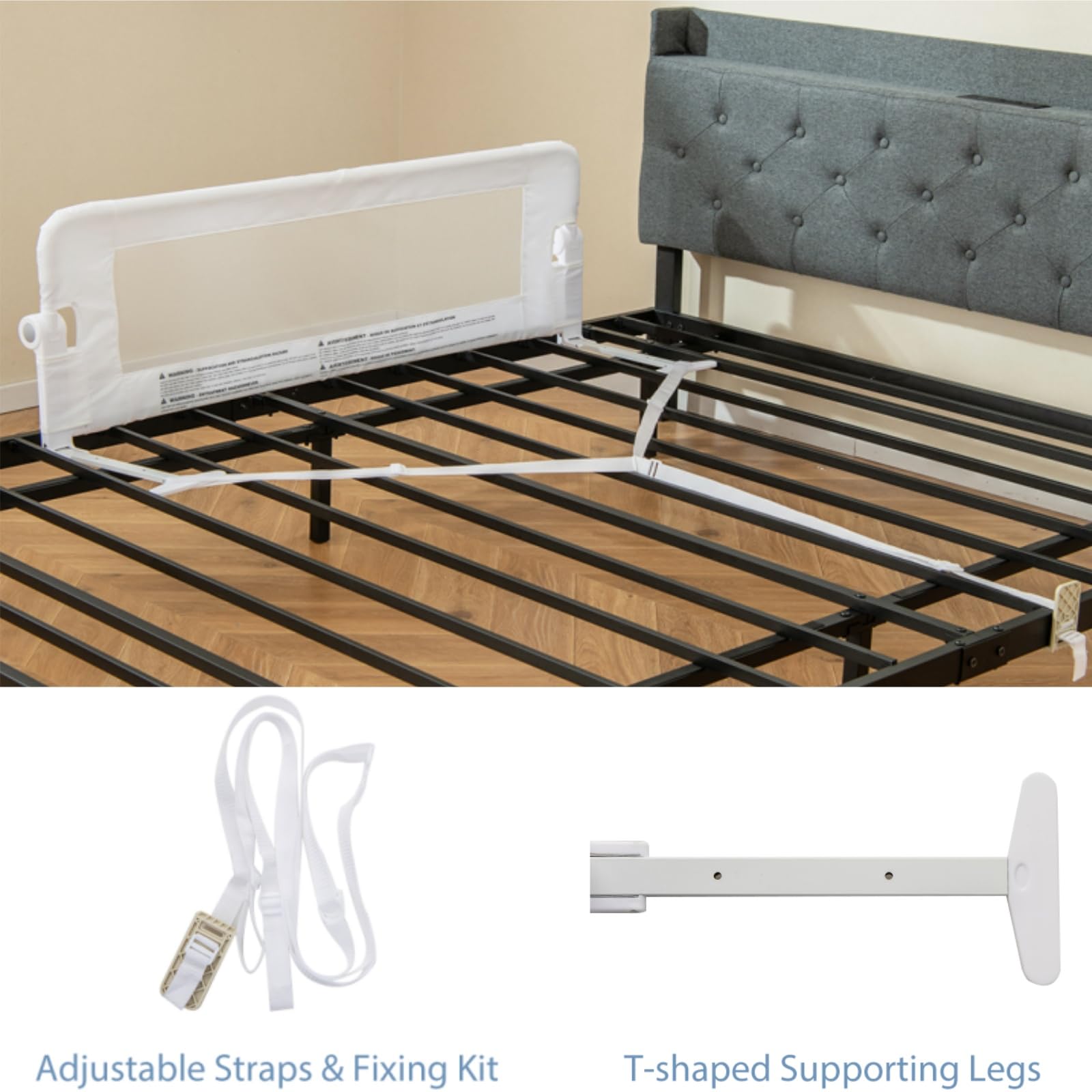 Barrière De Lit Bébé Pliable 105x43 Cm - Rembourrée Coton, Sangles Réglables - Protection Anti-chute Pour Enfant