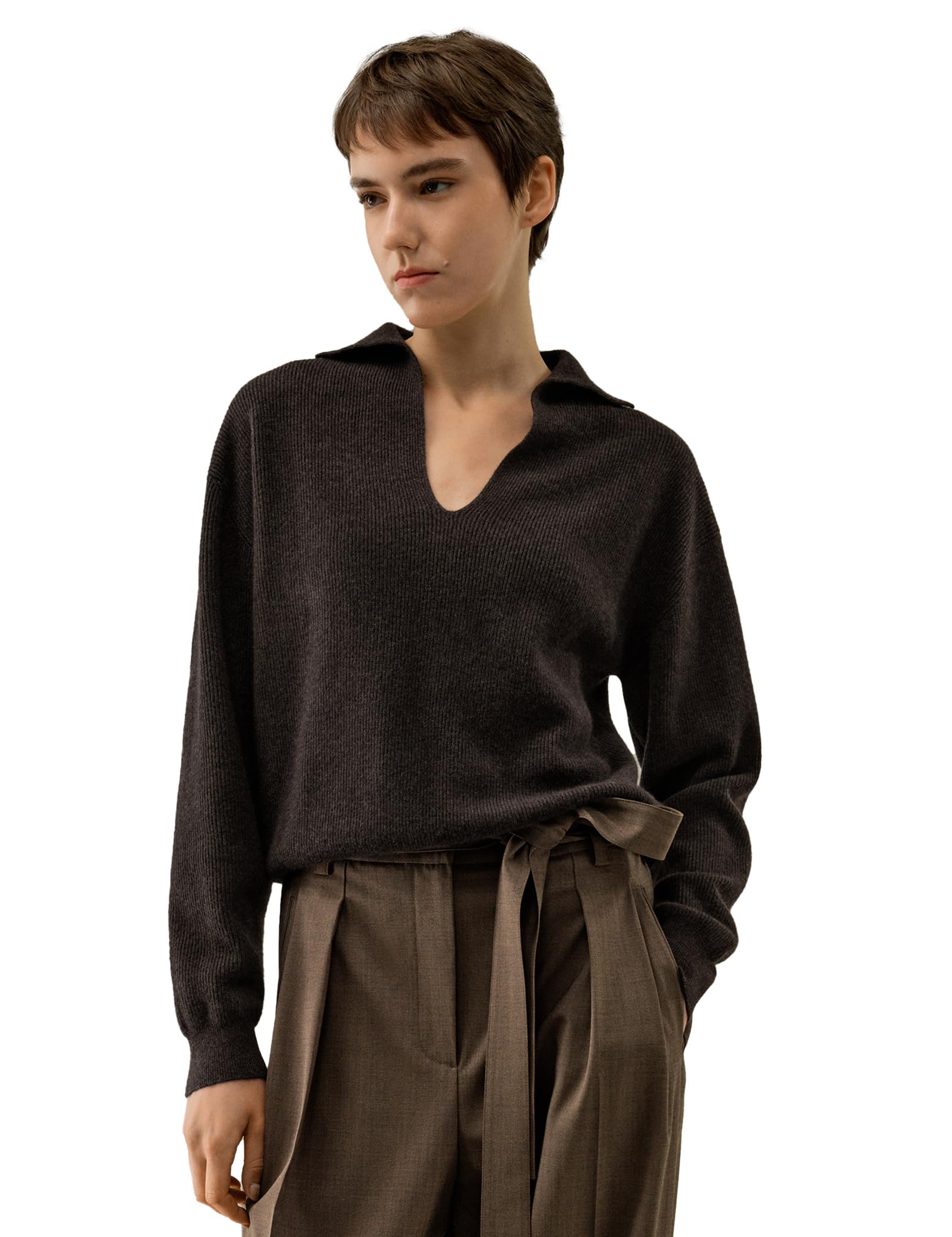 LilySilk 100 Cashmere Sweater Women Polo V-Neck Ribbed Pullover Half Cardigan Sweater for Ladies
