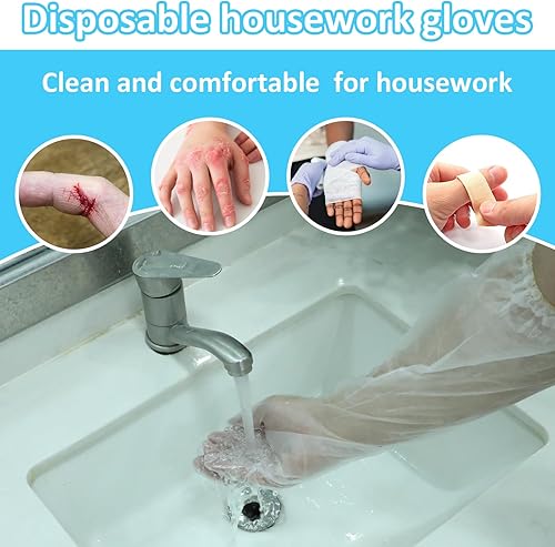 Miniatura 7 de 20 guantes de limpieza desechables largos, 23.6 pulgadas de longitud al codo, manga impermeable de plástico para cocinar, lavavajillas, color de