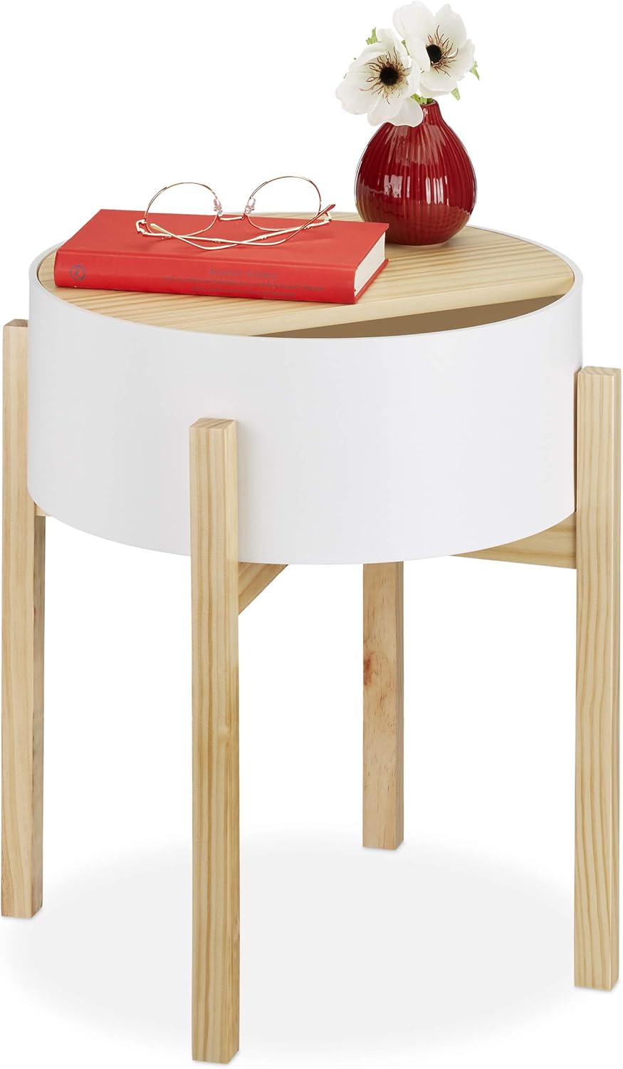 Relaxdays Round End Table, Storage Tier, Bedroom, Living Room, Wooden