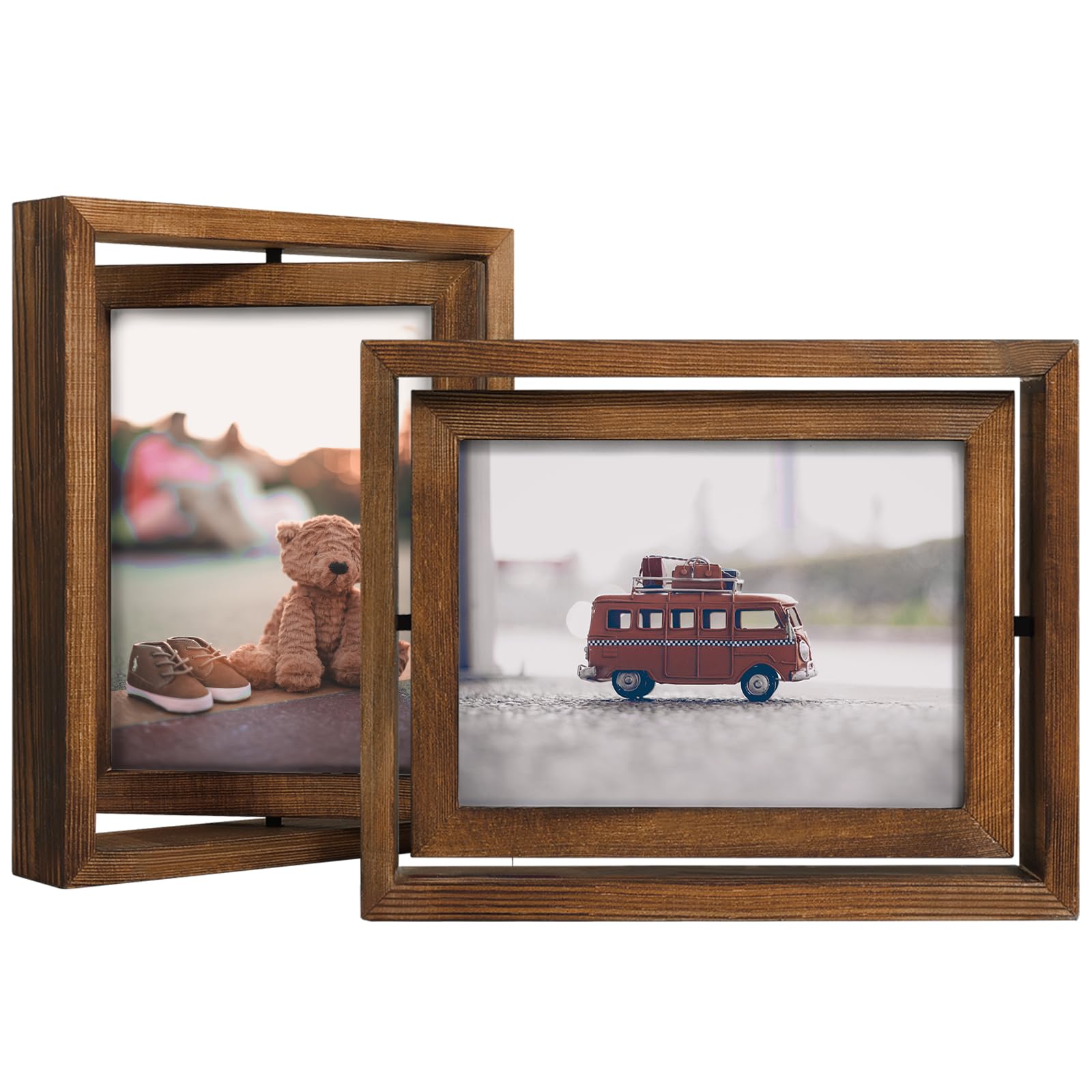 Egofine 2 Pack 6x8 Rotating Floating Picture Frames,Double-Sided Display with HD Glass Front Wooden Distressed Frame for Vertical or Horizontal Tabletop Display, Carbonization