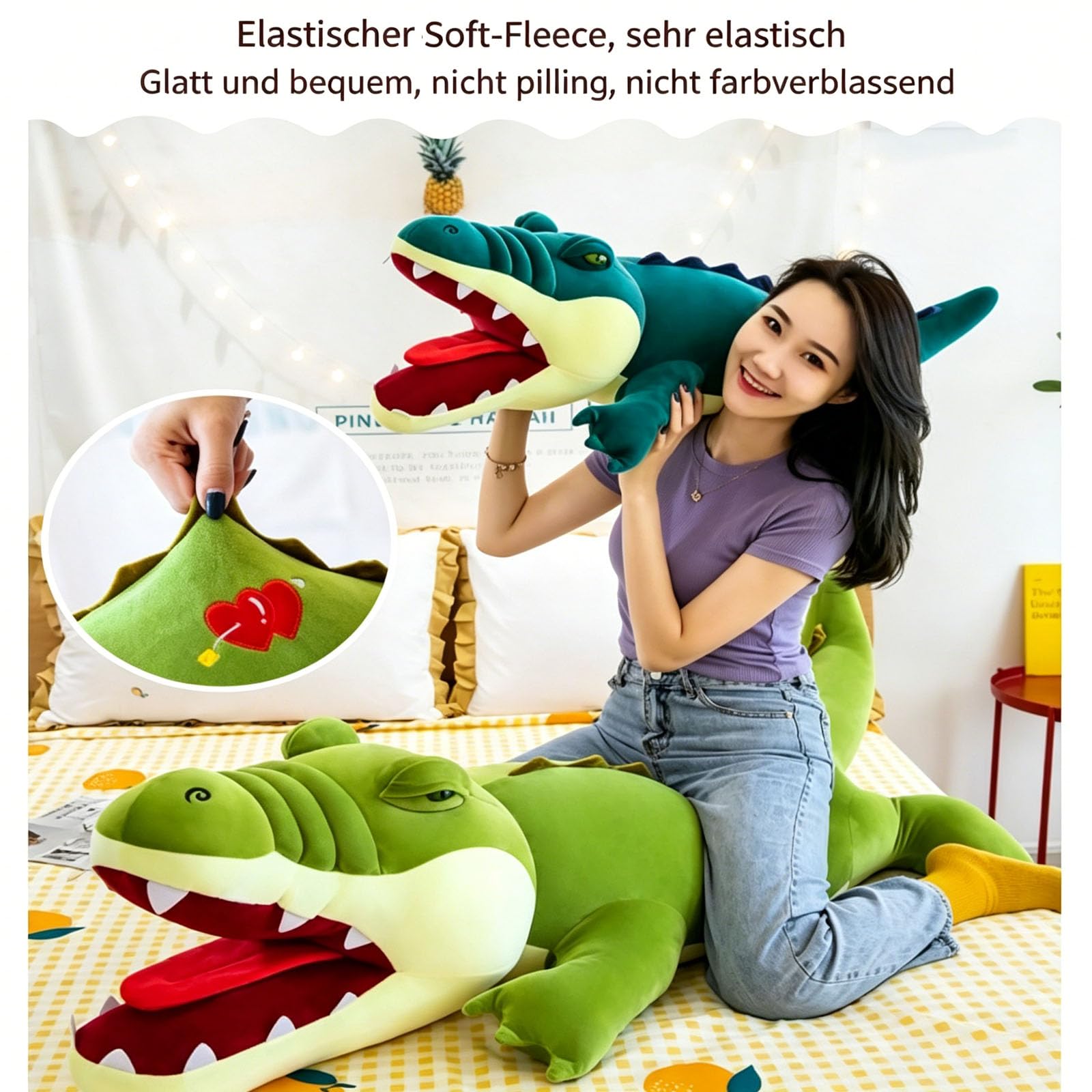 Riesen Krokodil Kuscheltier XXL, groß Grün Krokodil Stofftier Plüschtier mit offenem Maul, Krokodilkissen Plüschtier, Lustige Alligatoren-Plüschtiere Geschenk für Jungen und Mädchen (120cm,Grün)