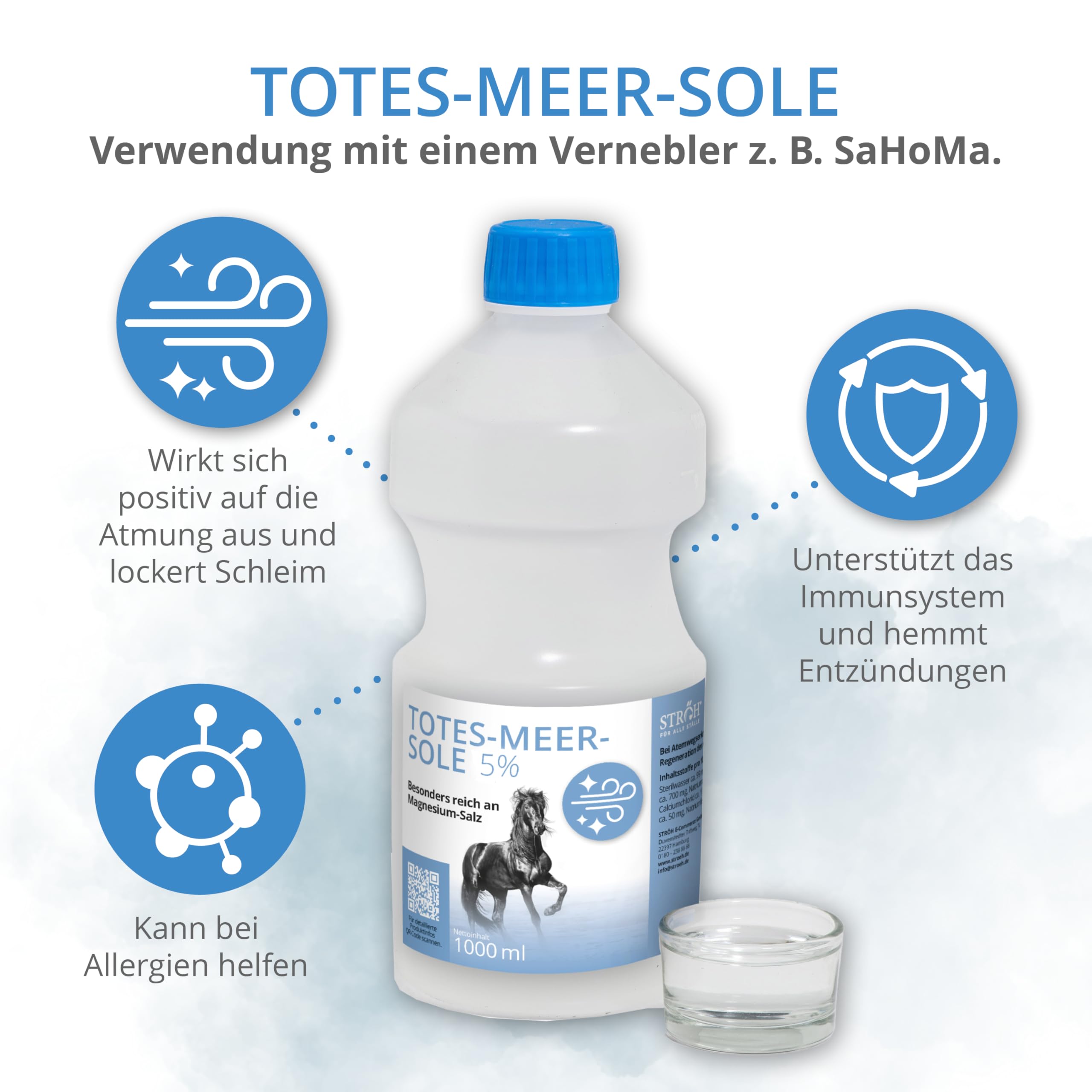 STRÖH "Totes Meer Sole 5%" (1l) Inhalation • Regeneration der Atemwege bei Pferden • Bei Atemwegserkrankungen, Allergie & Ekzeme