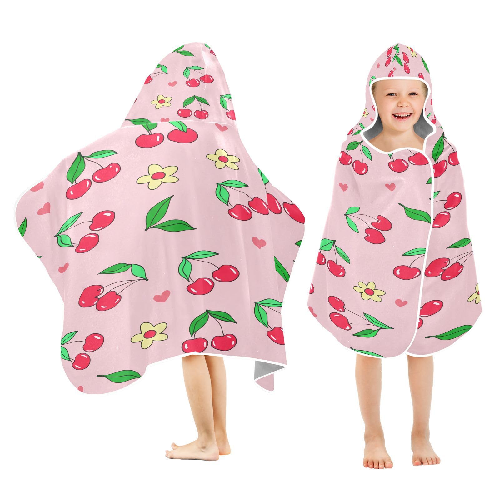 Nesatuwa Hooded Towel for Kids,Red Cherries Green Kids Beach Bath Towels Soft Absorbent Quick Dry Poncho Towel for Girls Boys