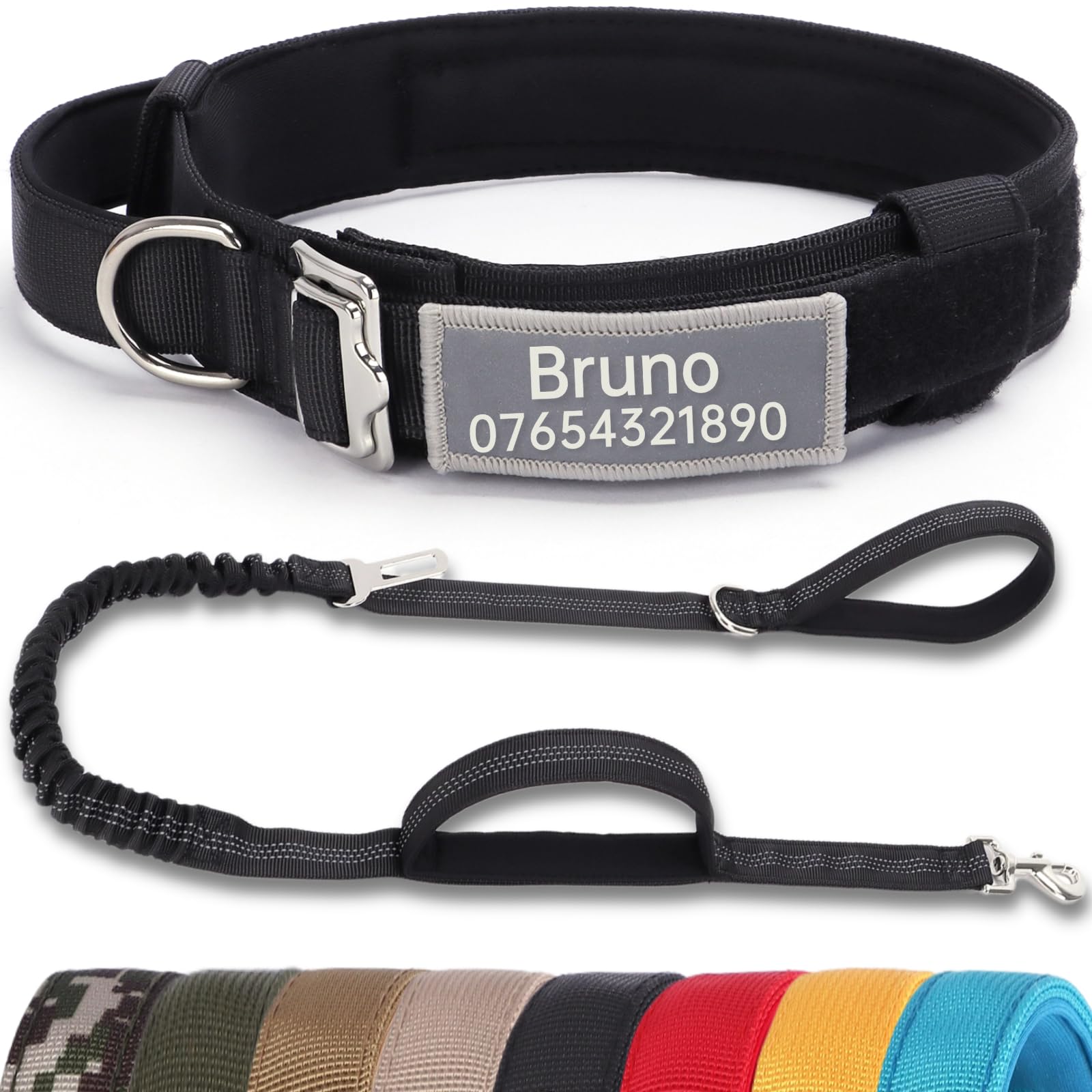 SEOUGEE Tactical Dog Collar Personalised with Handle and Leash Set, Soft Padded Dog Collars with Custom Reflective Name Patch, Pet Collars with Portable Buckle for Medium Large Dogs (Black Set, M) — image 1