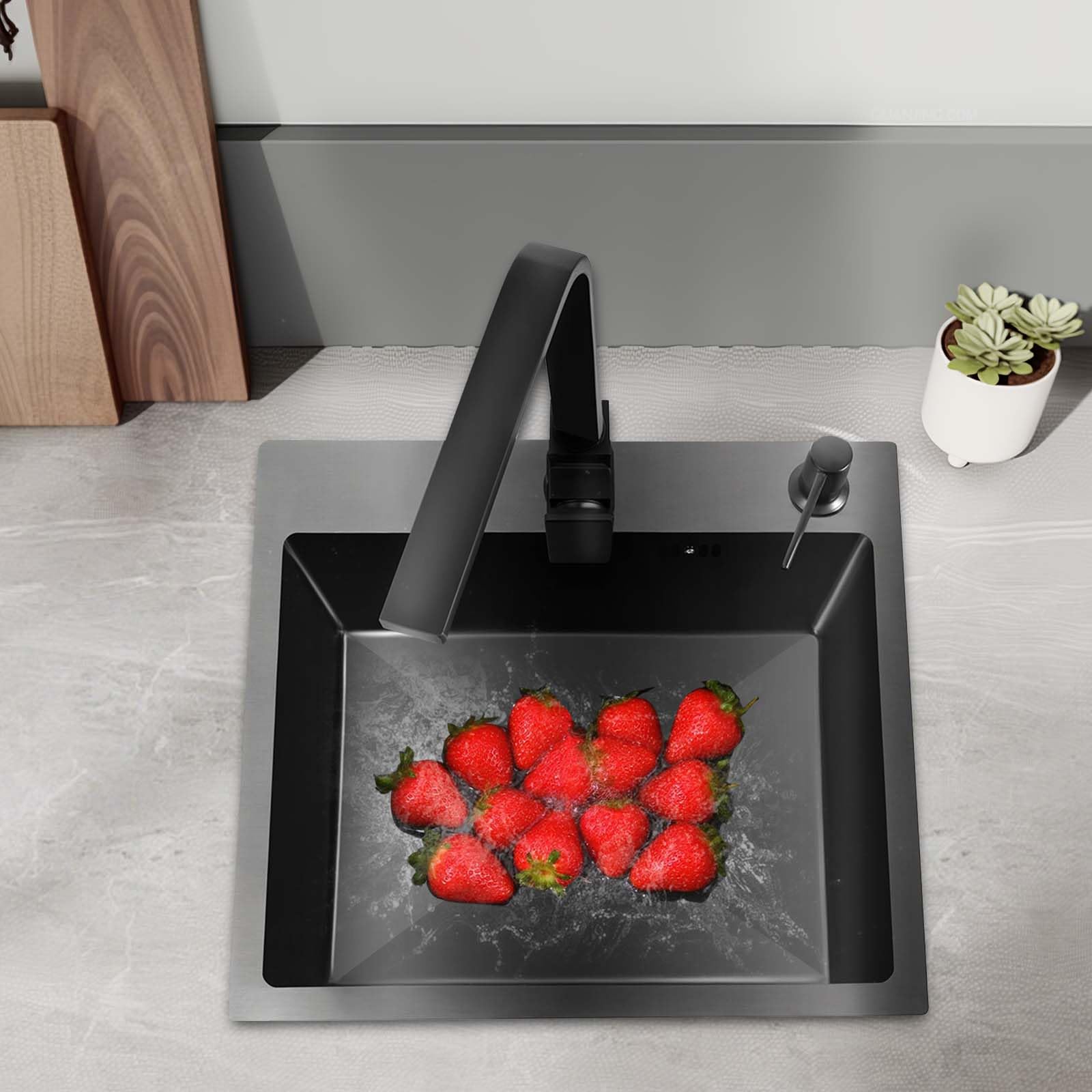 Fregadero de cocina negro de 45 x 40 cm, de acero inoxidable, con grifería, incluye escurridor, dispensador de jabón, grifo giratorio 360°, color negro mate