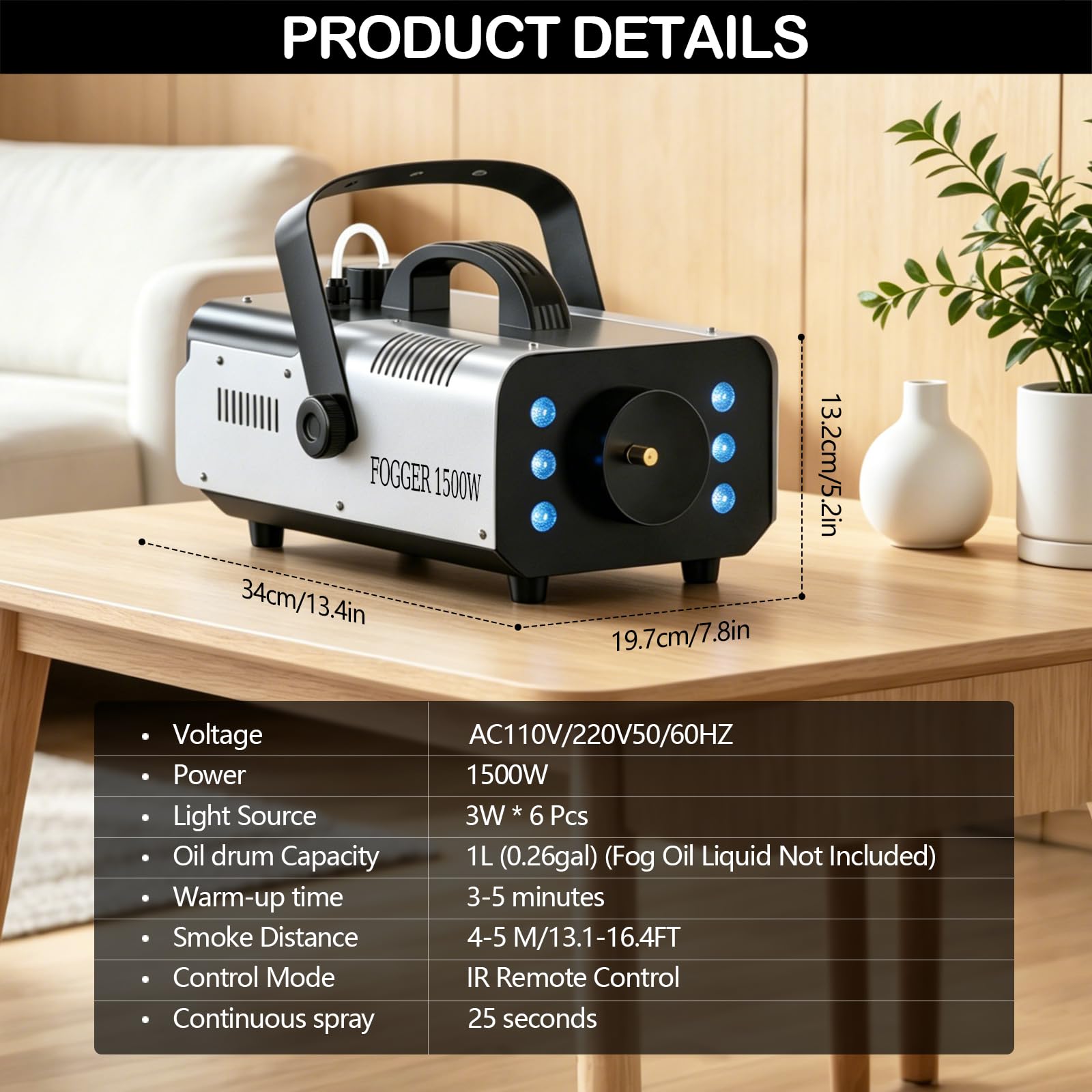 Macchina del fumo 1500W con 6 LED RGB e telecomando wireless, macchina nebbia con effetti luminosi per DJ, feste, Halloween, matrimonio, Natale e palco