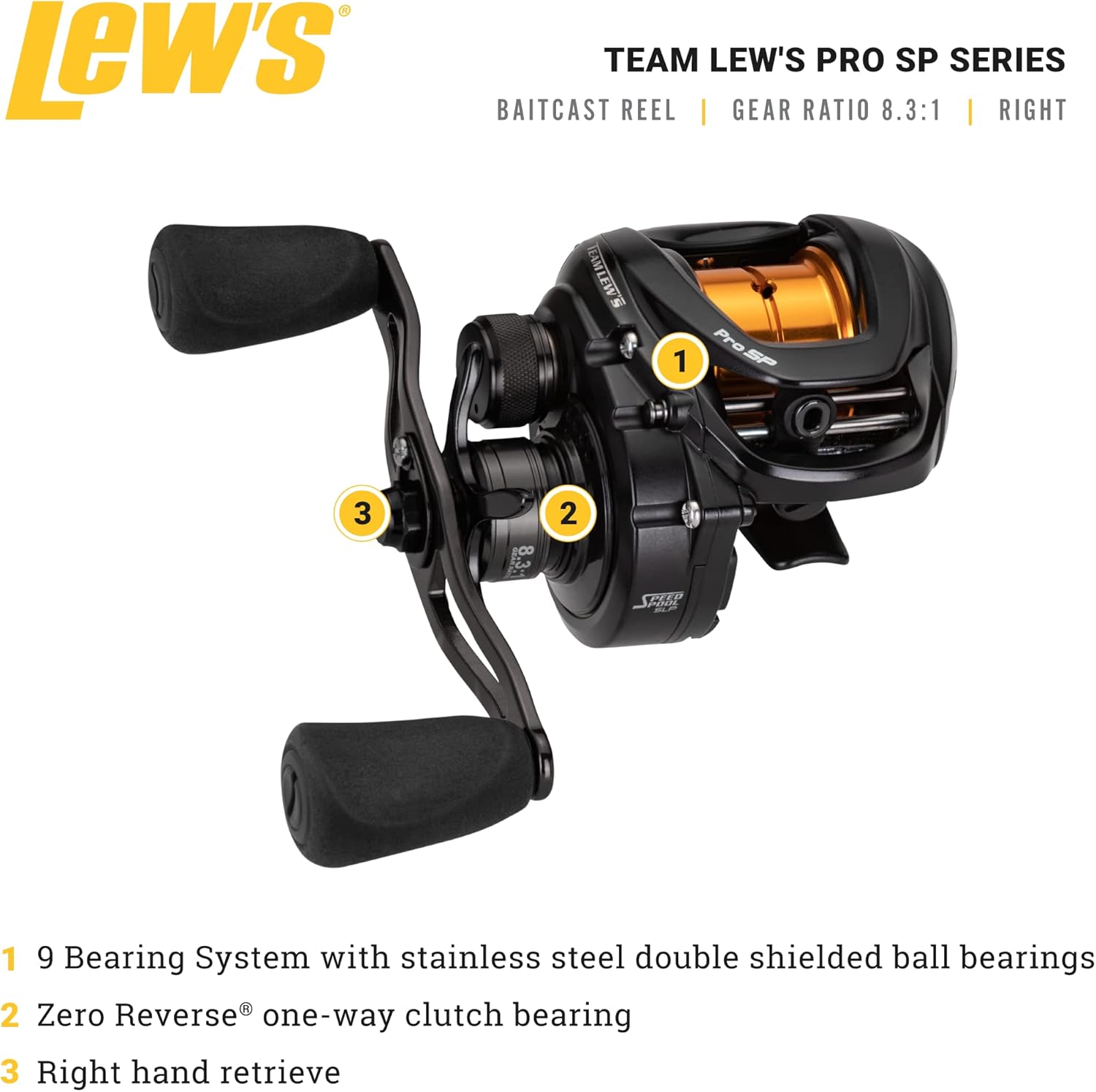 Lew's Team Lew's Pro SP Baitcast Fishing Reel, 8.3:1 Gear Ratio, Aluminum Frame, Premium 9 Stainless Steel Ball Bearings
