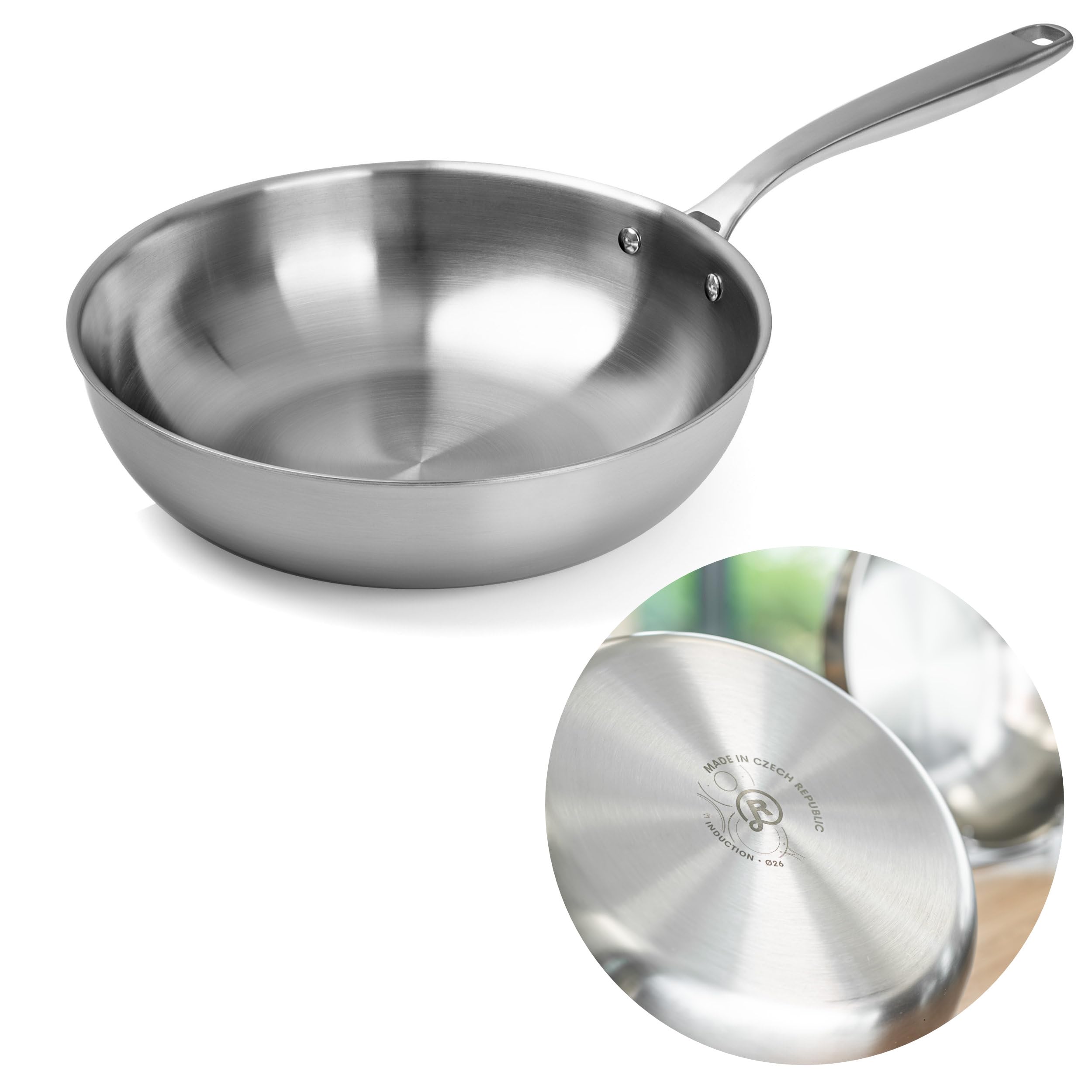Remoska PROXIMA Pfanne Edelstahlpfanne aus drei Metallschichten Induktion Ofenfest 220 °C Spülmaschinenfest Hergestellt in der Tschechischen Republik (WOK 28 cm)