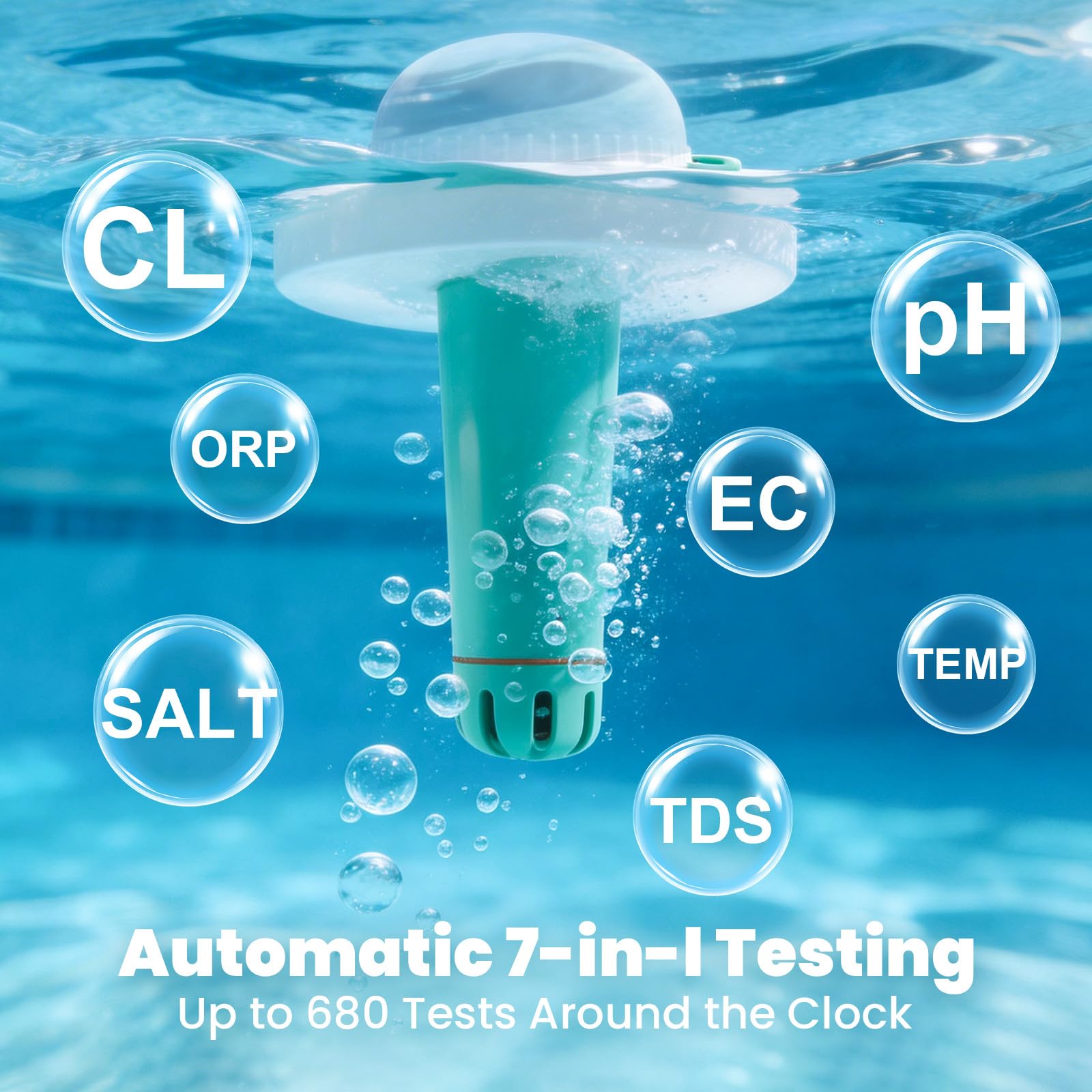 2026 Smart 7IN1 Pooltester Wiederaufladbar 5200 mAh mit WLAN & App,Wassertester für pH, Chlor, Salz, ORP, EC, TDS & Temp, Automatische Überwachung & Alarm für Pool, Whirlpool, Spa & Teich