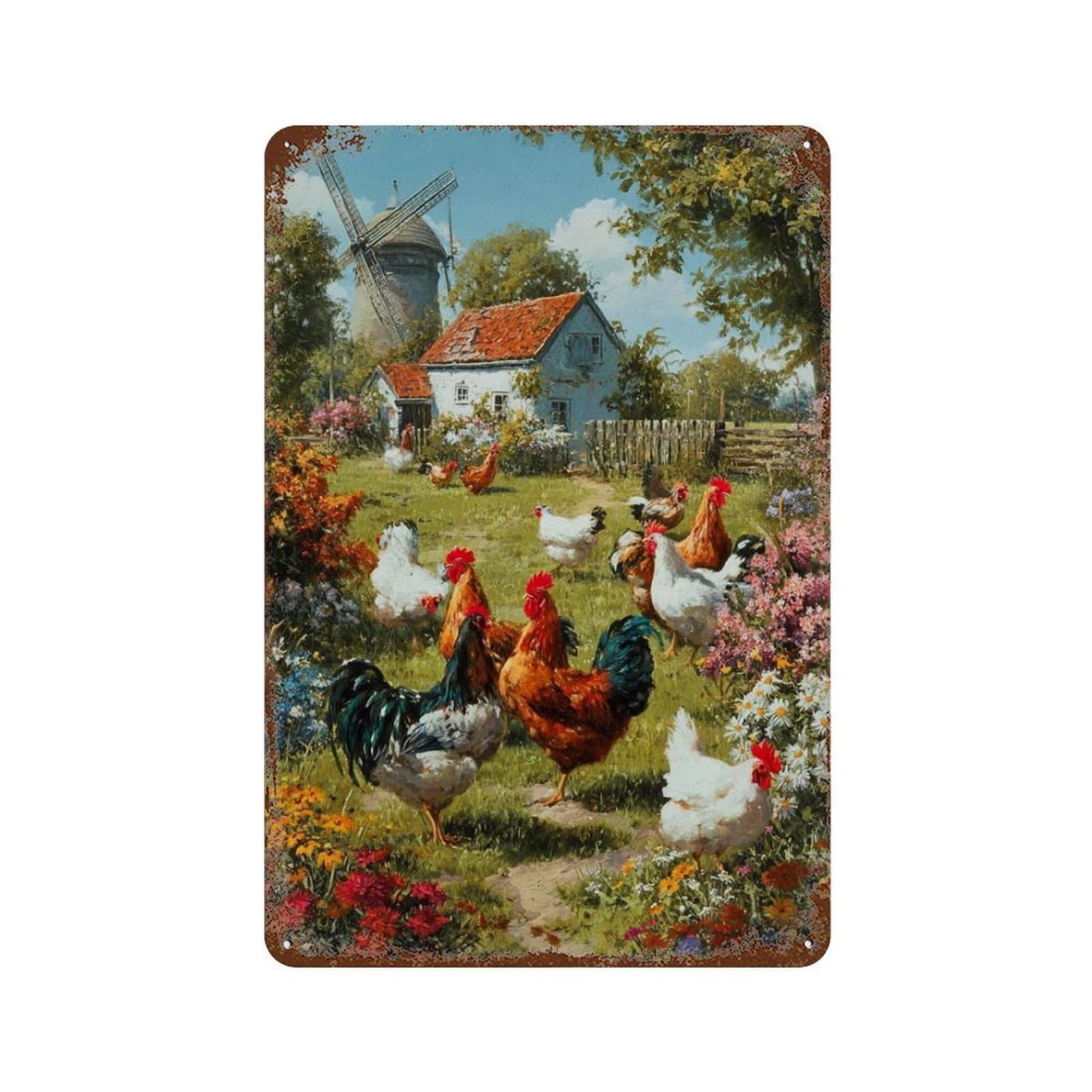 Countryside Chicken Scene Decorative Tin Sign 11.8"x7.9", Shabby Chic Decor for Garage, Pub Or Kitchen