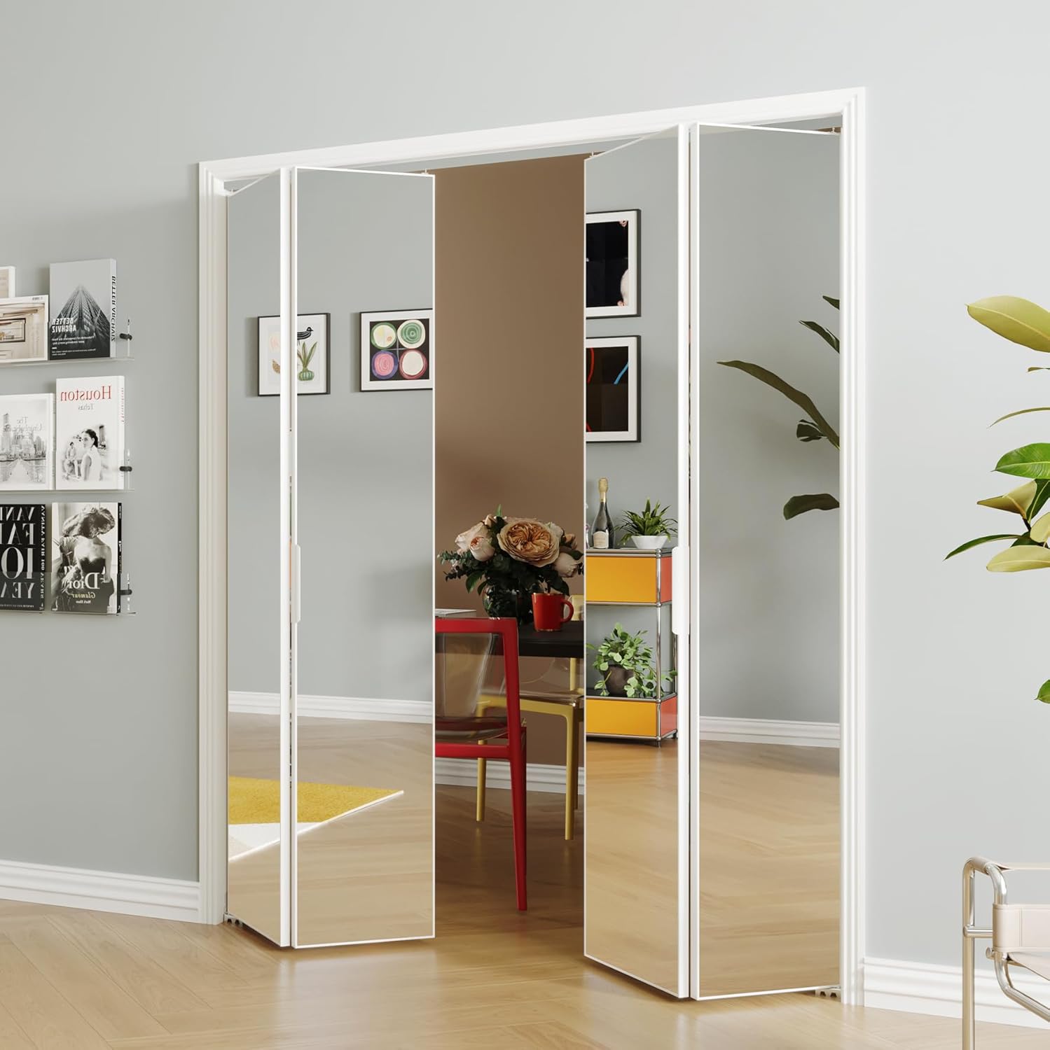 Closet Doors, Perfect for 72''（36''x2） x 80'' Openings, 1-Lite Mirror Aluminum Alloy Interior Bifold Door Panel with Hardware Kit, Folding Doors for Bedroom, White