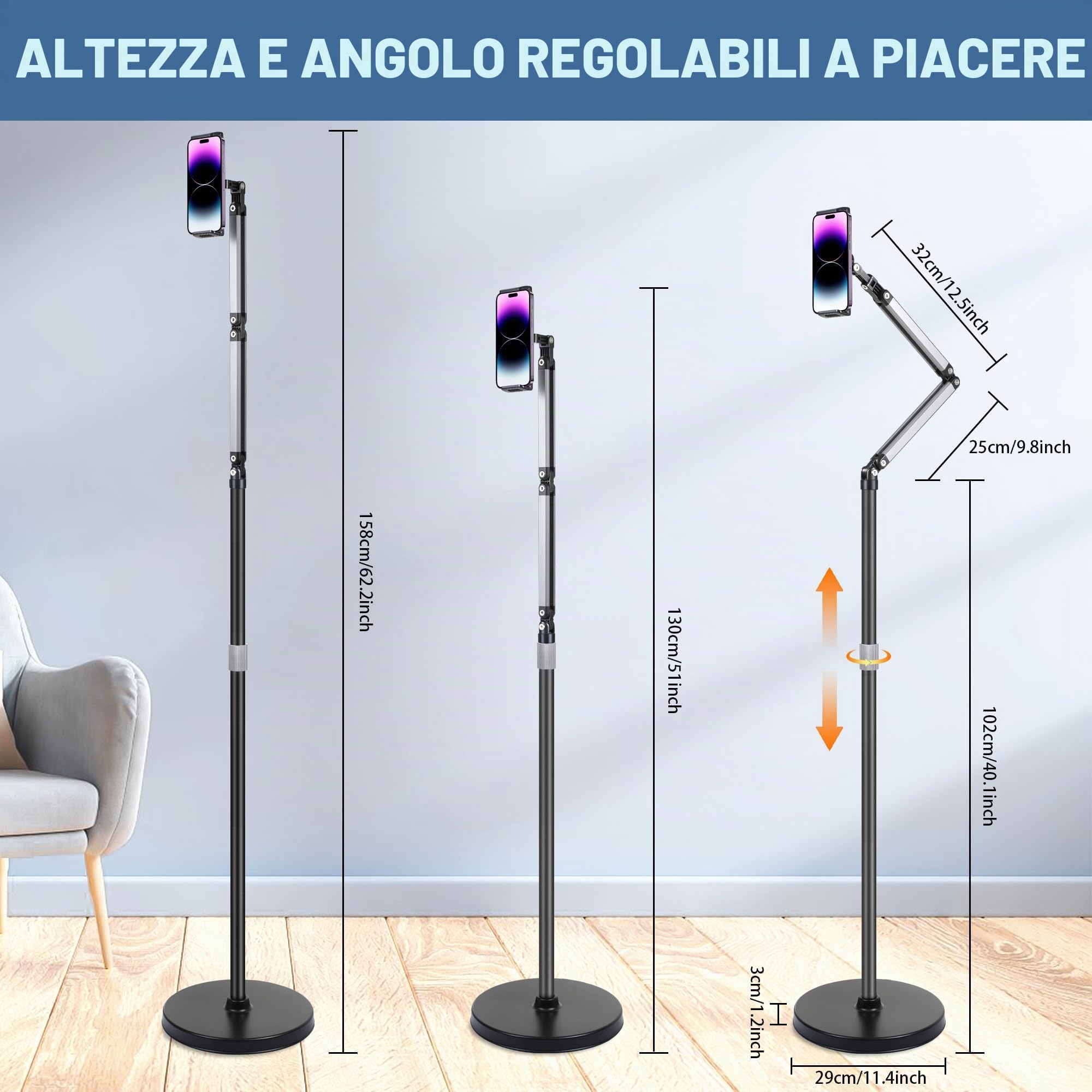 YSSHUI Supporto da pavimento per tablet resistente con base da 3 kg, supporto girevole regolabile a collo d'oca per iPad, Galaxy Tab, Kindle, telefoni (da 11,9 a 33 cm)