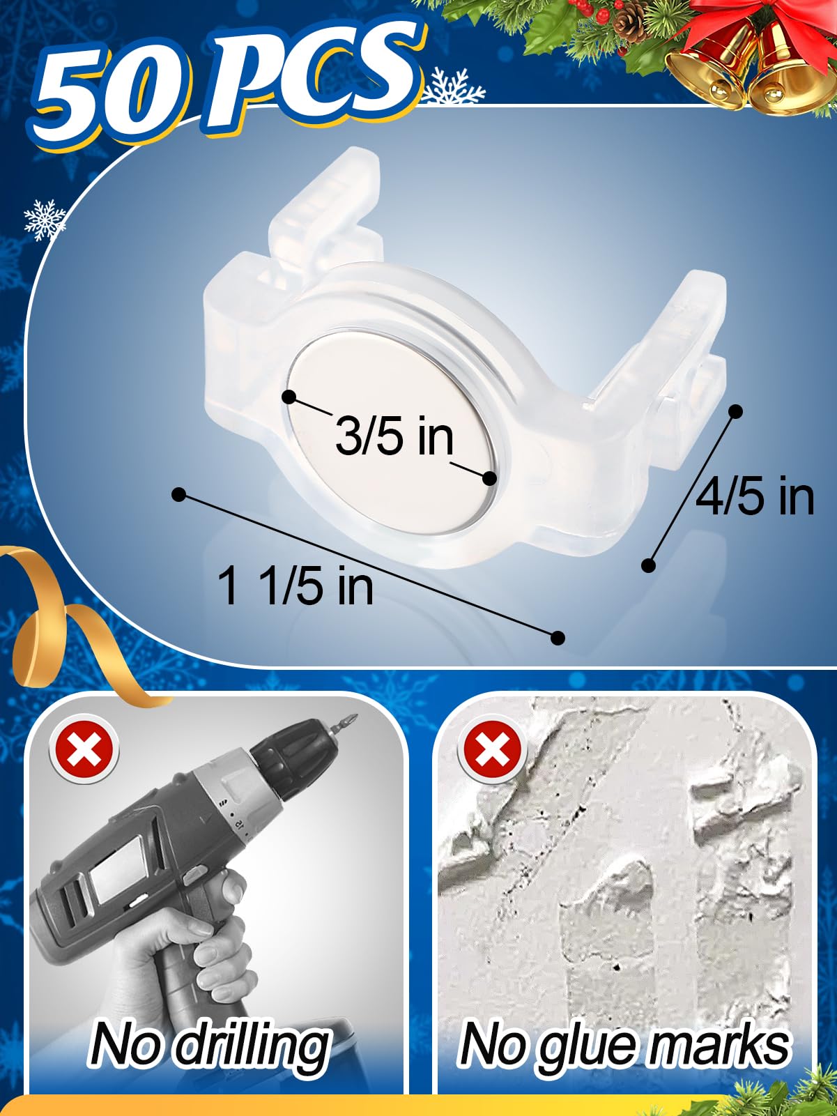 Aulock 50 clips magnéticos fuertes de luz de Navidad C9 – Ganchos de cadena de luces navideñas para canalones de Navidad al aire libre, techos de acero