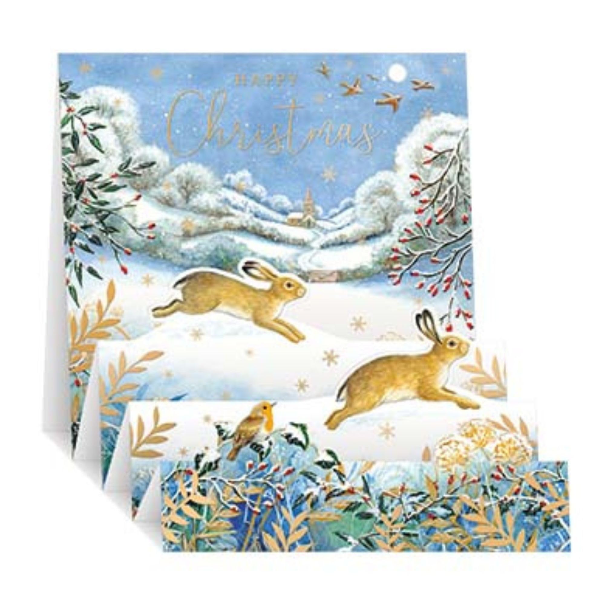 Noel Tatt 3D Pop Up Christmas Card for Men & Women - Festive Hares in the Snow - Embossed Gold Foil Finish - Premium Quality Christmas Greeting Card with Envelope