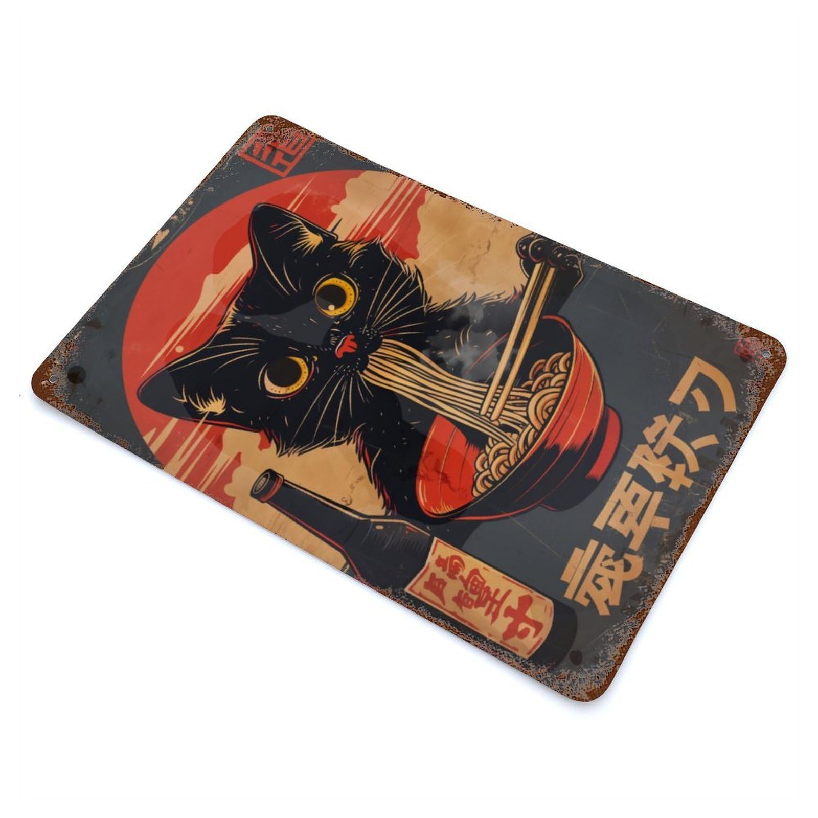 Black Cat Ramen Poster 11.8"x7.9" Rustic Tin Plaque, Farmhouse Wall Decor for Basement, Hobby Room And Garage Decor