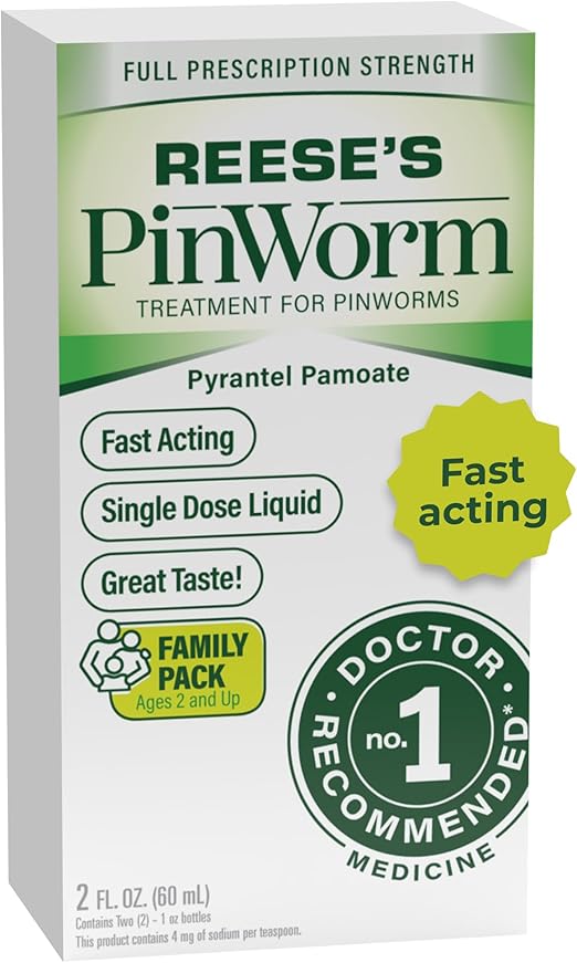 REESE'S PINWORM Medicine Liquid for Entire Family, Full Prescription Strength, 2 Oz, #1 Doctor Recommended Single Dose Pyrantel Pamoate Dewormer for Adults & Kids Ages 2+, Banana Flavor