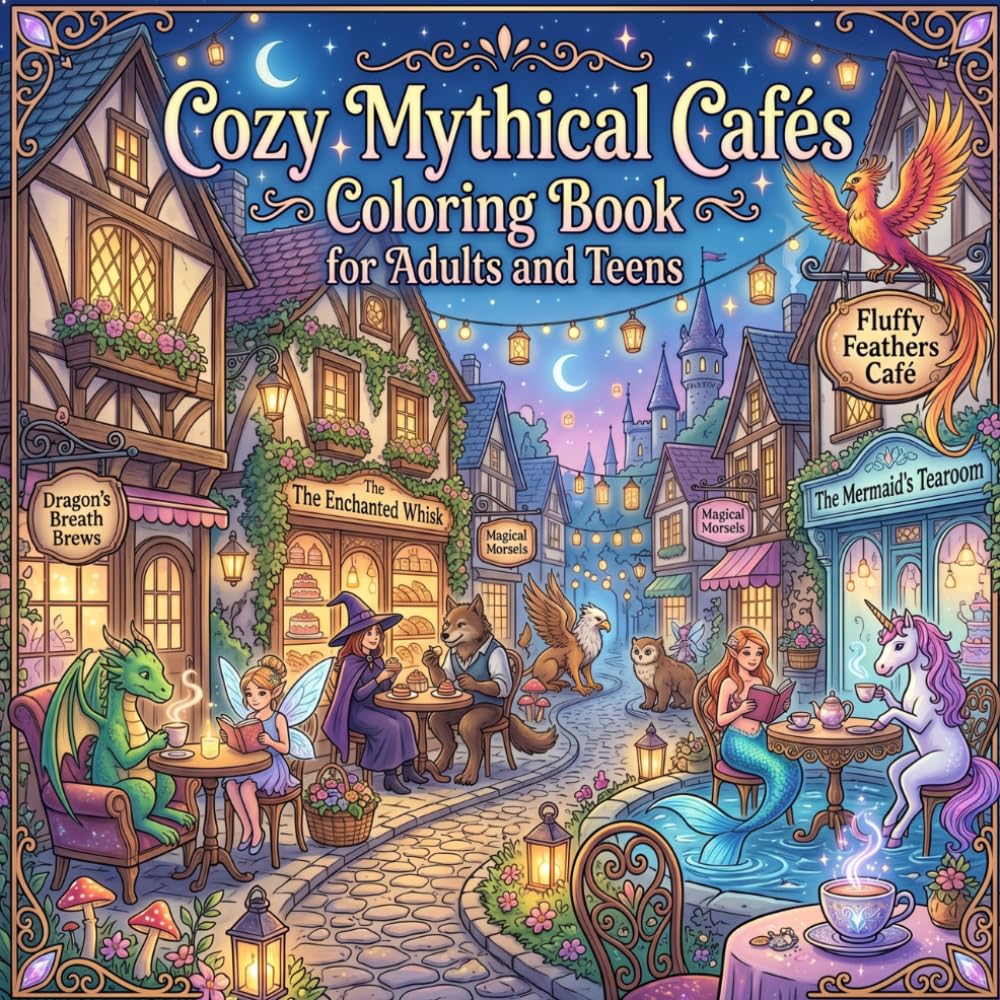 Cozy Mythical Cafés Coloring Book for Adults and Teens