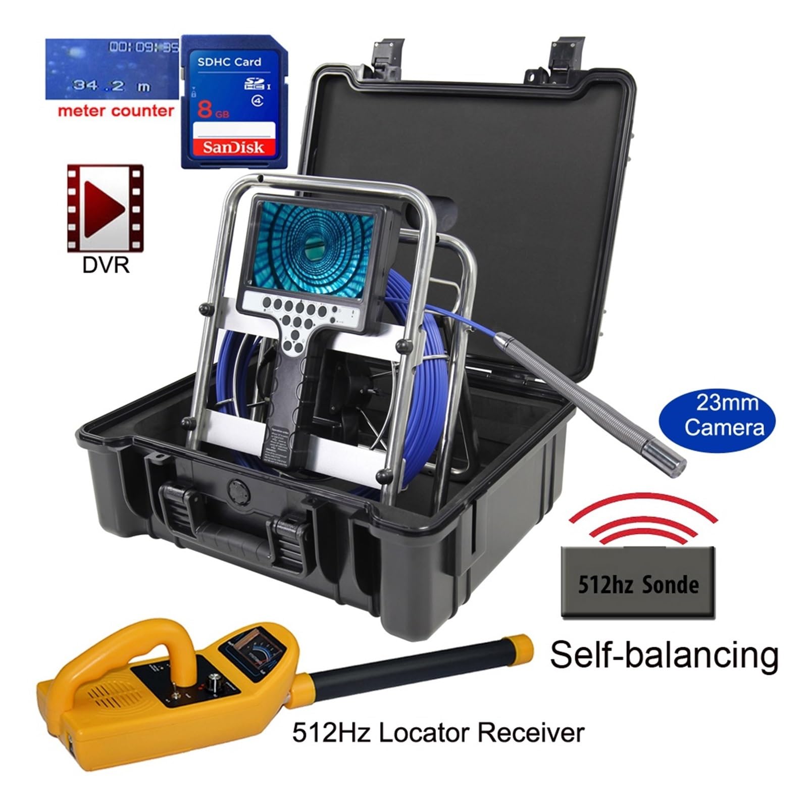 Endoscopio Cable blando de 7mm, 23mm, autoequilibrio automático, contador DVR, endoscopio, cámara inspección tuberías con transmisor y localizador Sonda 512hz(20m,7mm 512Hz Locator 23)