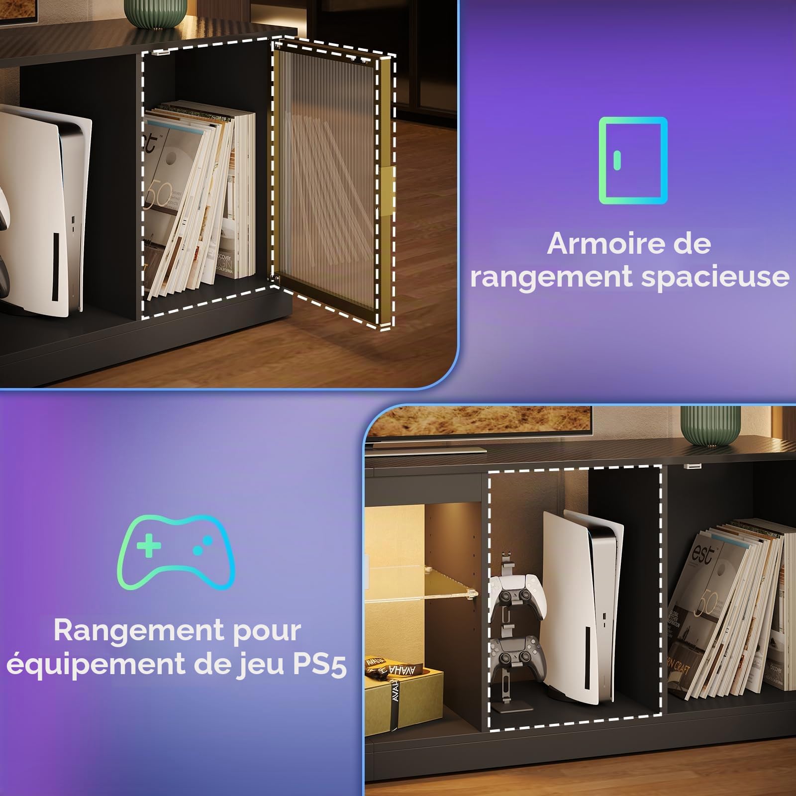 Bestier Meuble TV Moderne pour téléviseurs 75/80 Pouces,Centre multimédia LED avec Portes acryliques et étagère en Verre réglable,Console multimédia 70” pour PS5 Salon,Fibre Carbone Noire