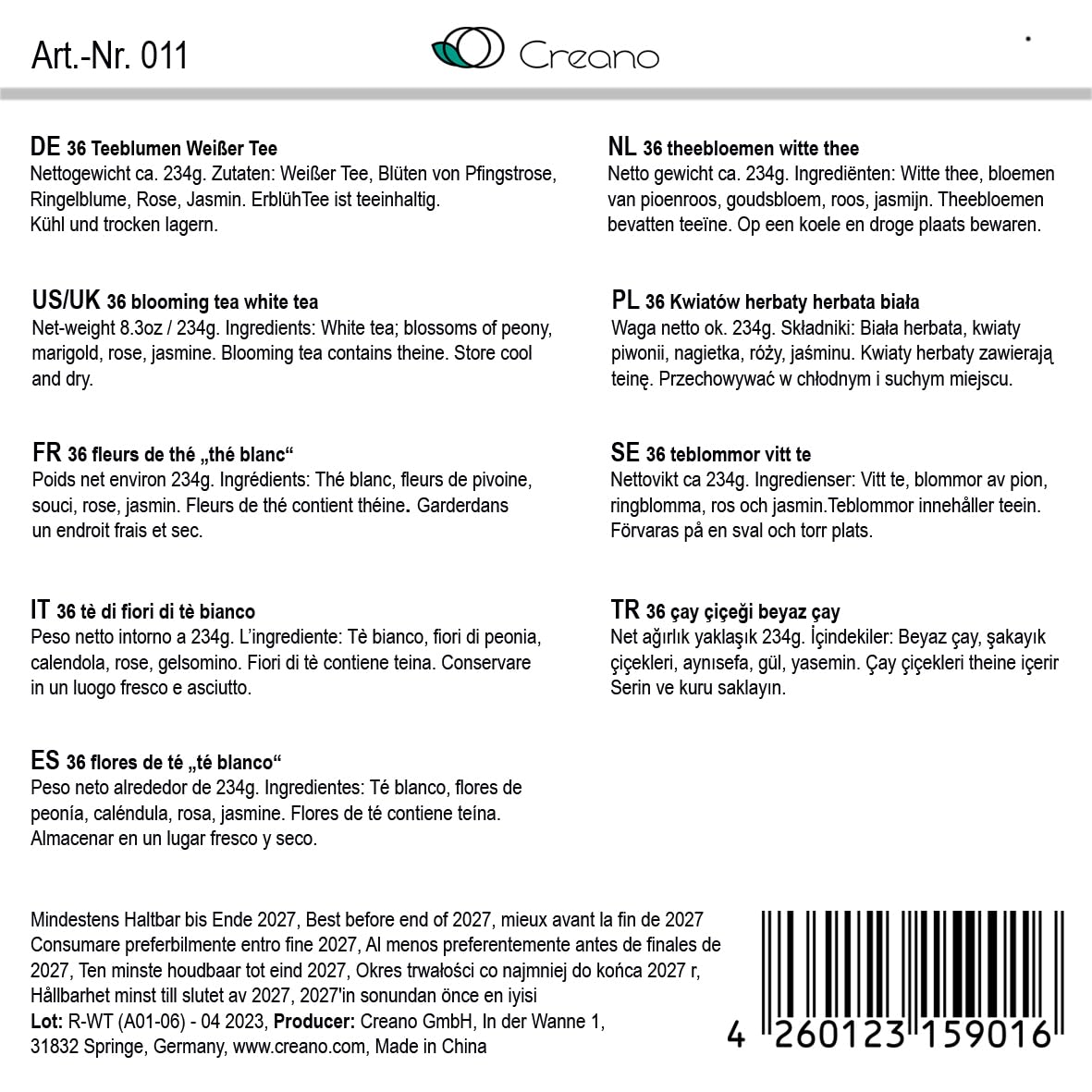 Creano 36 Flores de Té Blanco en Vrac – 6 Variedades de Rosas de Té – Formato Ahorro para Hostelería y Cafés – Té en Flor Artesanal Calidad Lujo