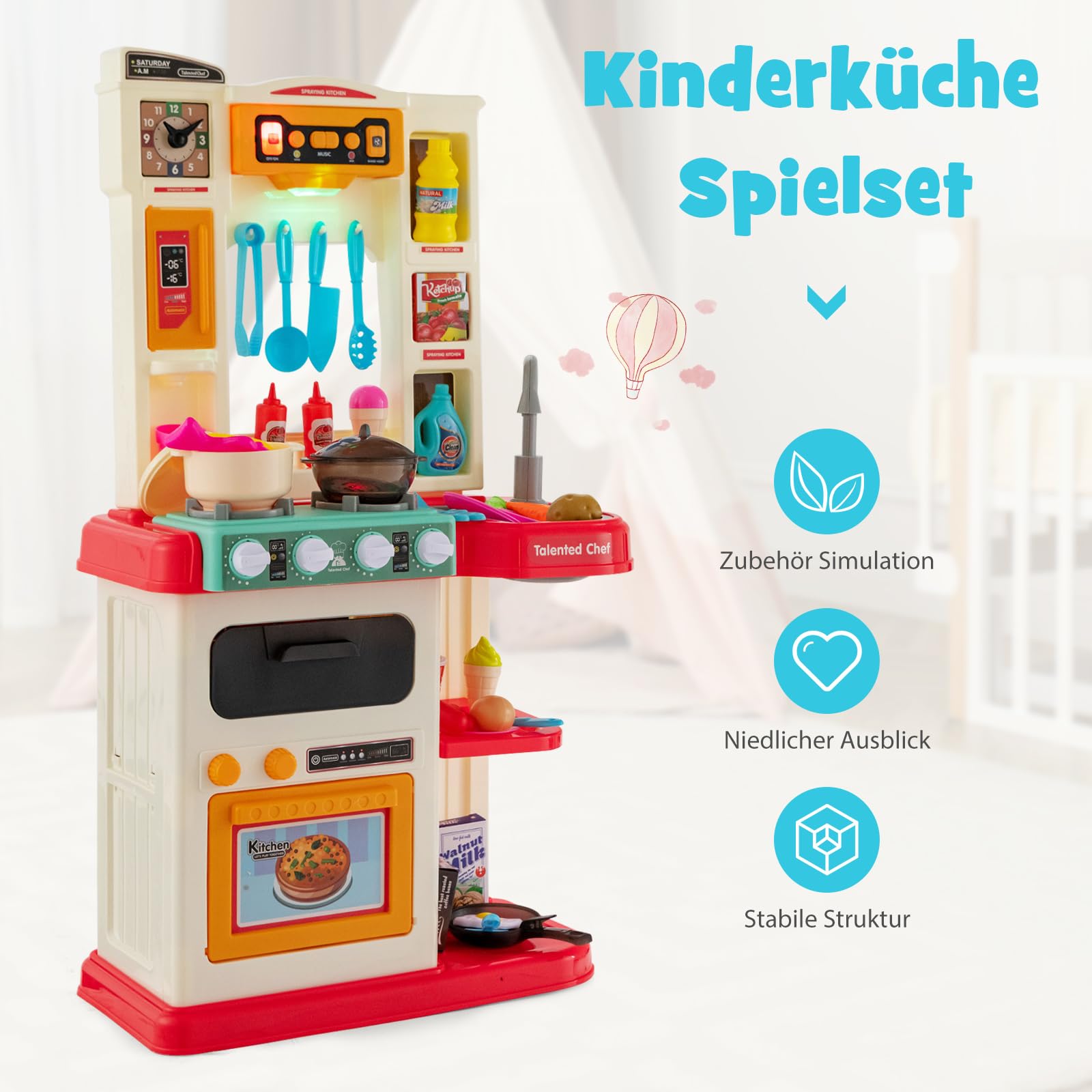 COSTWAY 65 TLG. Kinderküche mit Lichter, Musik und Sound, Spielküche inkl. Zubehör, Kinderspielküche mit Wasserpumpe, Spielzeugküche für Kleinkinder ab 3 Jahren (Rosa)