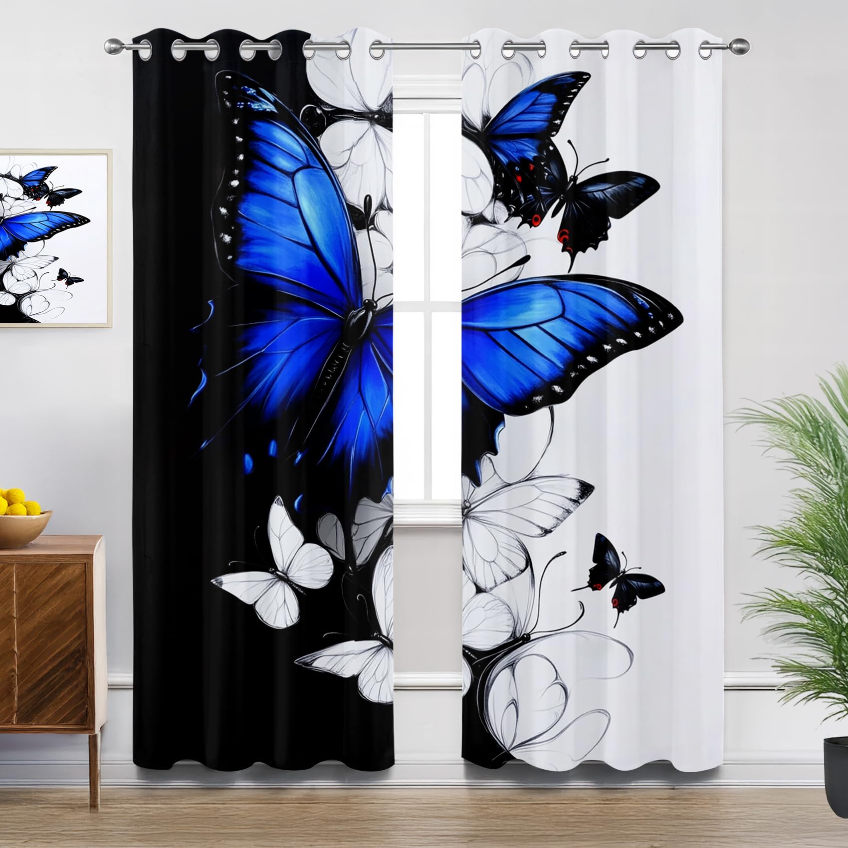 Butterfly Bedroom Curtains Eyelet, Black White Blue Modern Art Blackout Thermal Insulated Soundproof Curtains for Living Room, W52 X D84, 2 Panels Window Treatments Home Decorations