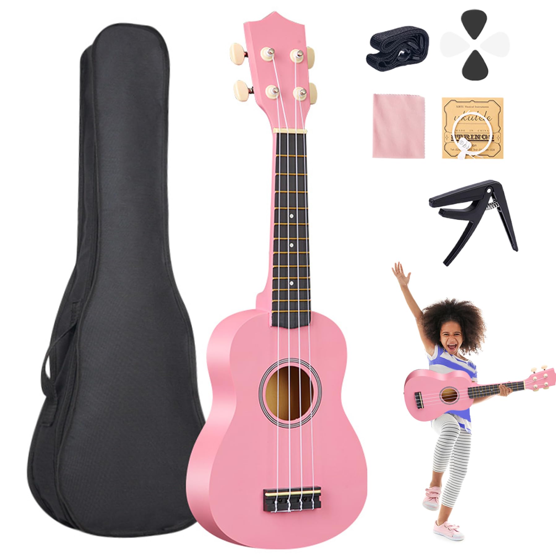 Guitarra para niños pequeños Ukelele Infantil 21 Pulgadas para Principiantes Guitarra de 4 Cuerdas para niños pequeños Ukelele clásico de Tilo con púa cejilla Bolsa de Transporte Instrumento Estilo 2