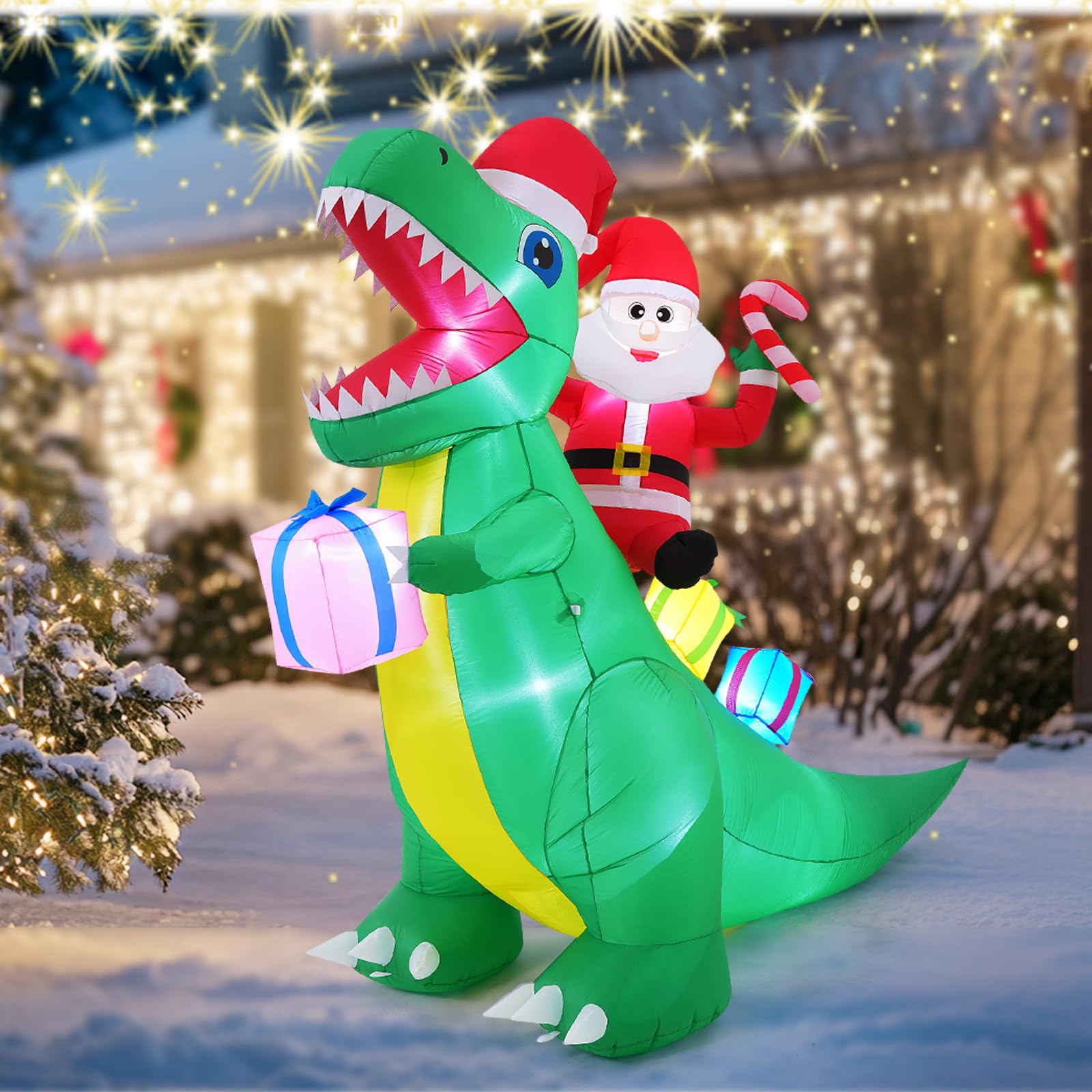 Père Noël Gonflable sur Dinosaure 2,1 m Lumière LED Intérieur Extérieur