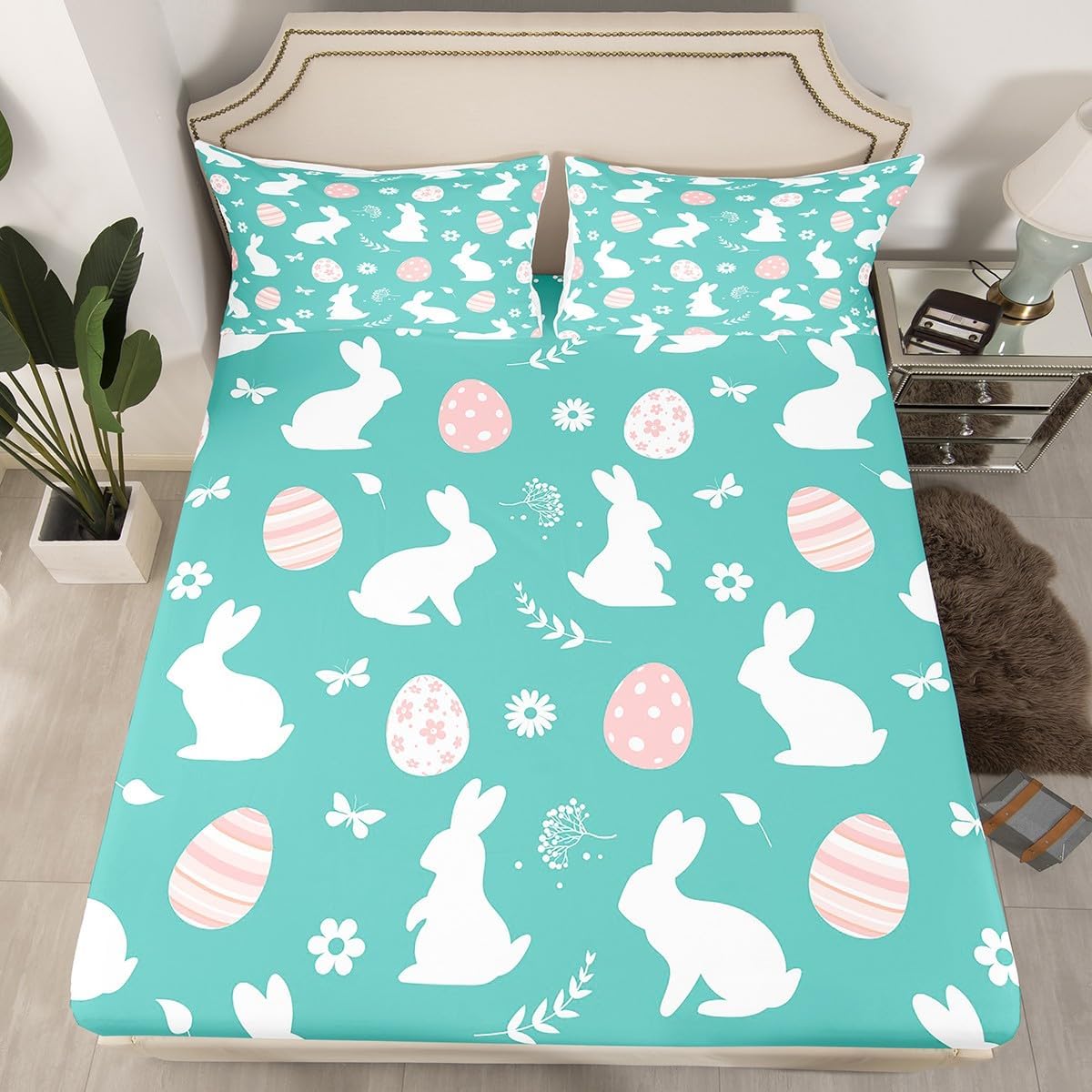 Rabbit Silhouette Fitted Sheet Queen Size Pink and Green Bedding Set Polka Dot Eggs Sheet Set,Country Style Bed Cover Ultra Soft Breathable Bedspread 3 Pcs for Kids Teens Boys