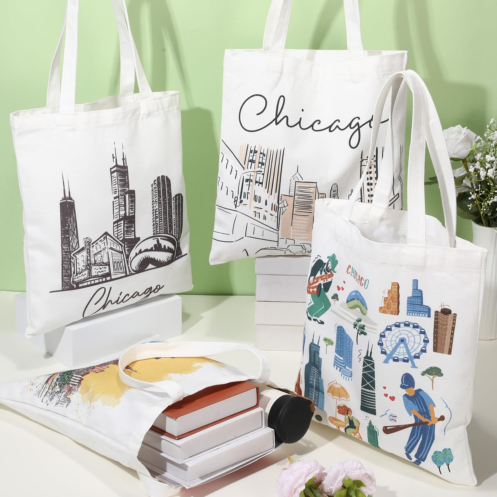 Paterr 4 Pcs City Souvenir Tote Bag-New York Chicago Seattle Los Angeles Boston San Francisco Paris Italy Las Vegas Nashville