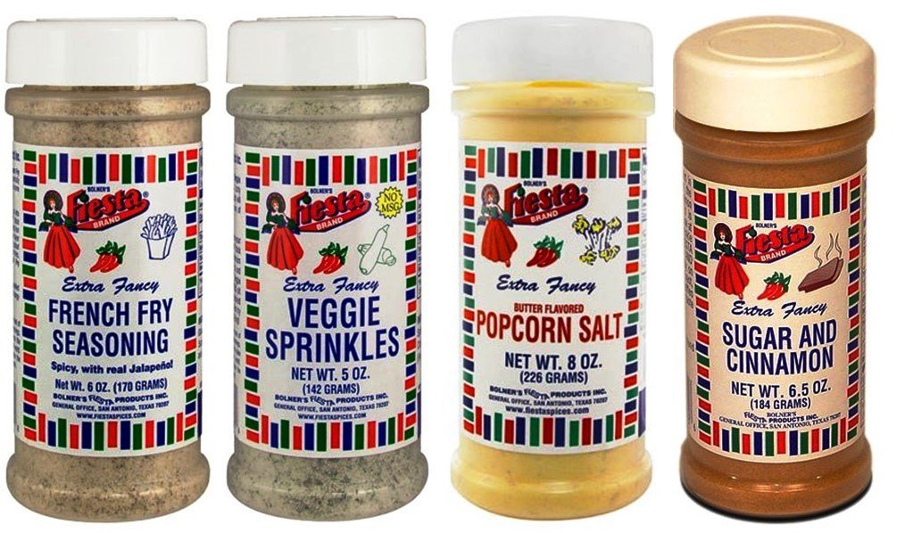 Bolner's Fiesta Snack Seasonings Pack 4 Flavor Variety Bundle, (1) Each: French Fry Seasoning, Veggie Sprinkles, Butter Flavored Popcorn Salt, Sugar and Cinnamon, 5-8 Oz. Ea.