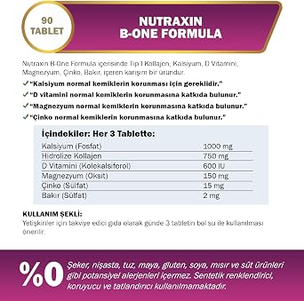 Nutraxin Bone Formula Calcium Magnesium + Collagen – 90 Tablet: Tip I Kolajen, Kalsiyum, D Vitamini, Magnezyum, Çinko & Bakır İçeren Takviye