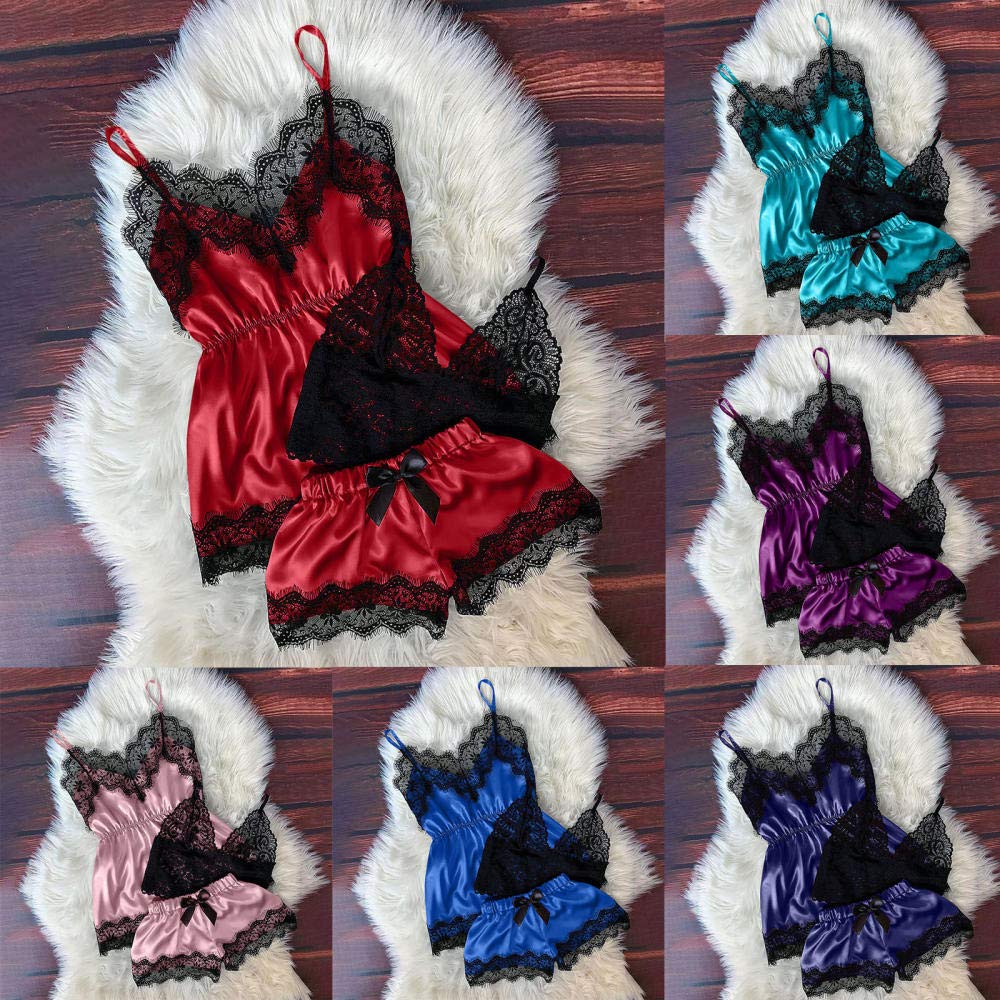 Damen Ausschnitt Halter Lingerie BodysuitPyjamas Frauen Pyjamas Einfarbig V-Ausschnitt Sexy Nachtwäsche Fleck Unterhemd Bowknot Shorts Pyjama Set