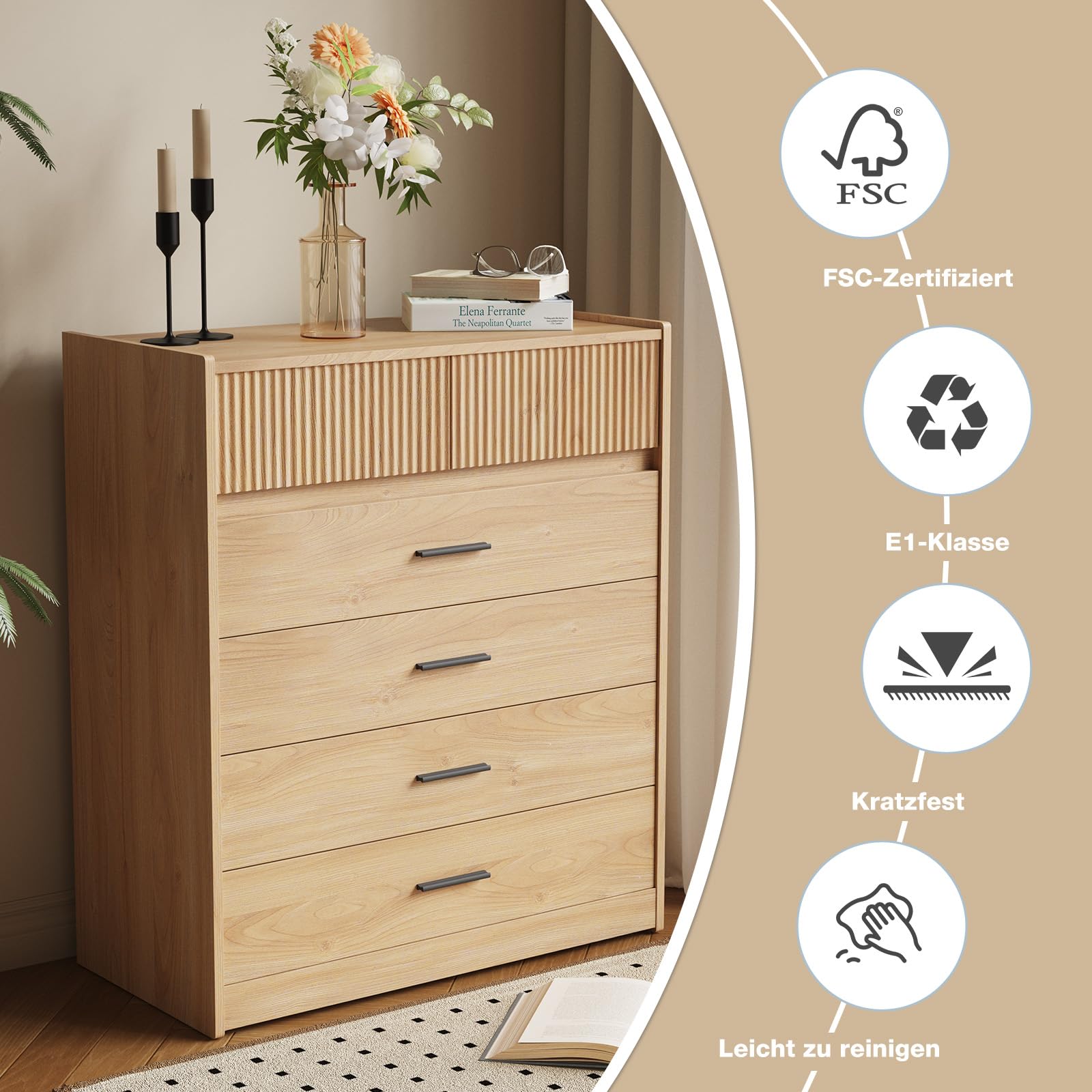 DG1 Cómoda con 6 Cajones, Blanco y Roble, 74x40x90 cm, Tablero de Partículas con Certificación FSC, Diseño Moderno Compacto (Madera Natural)