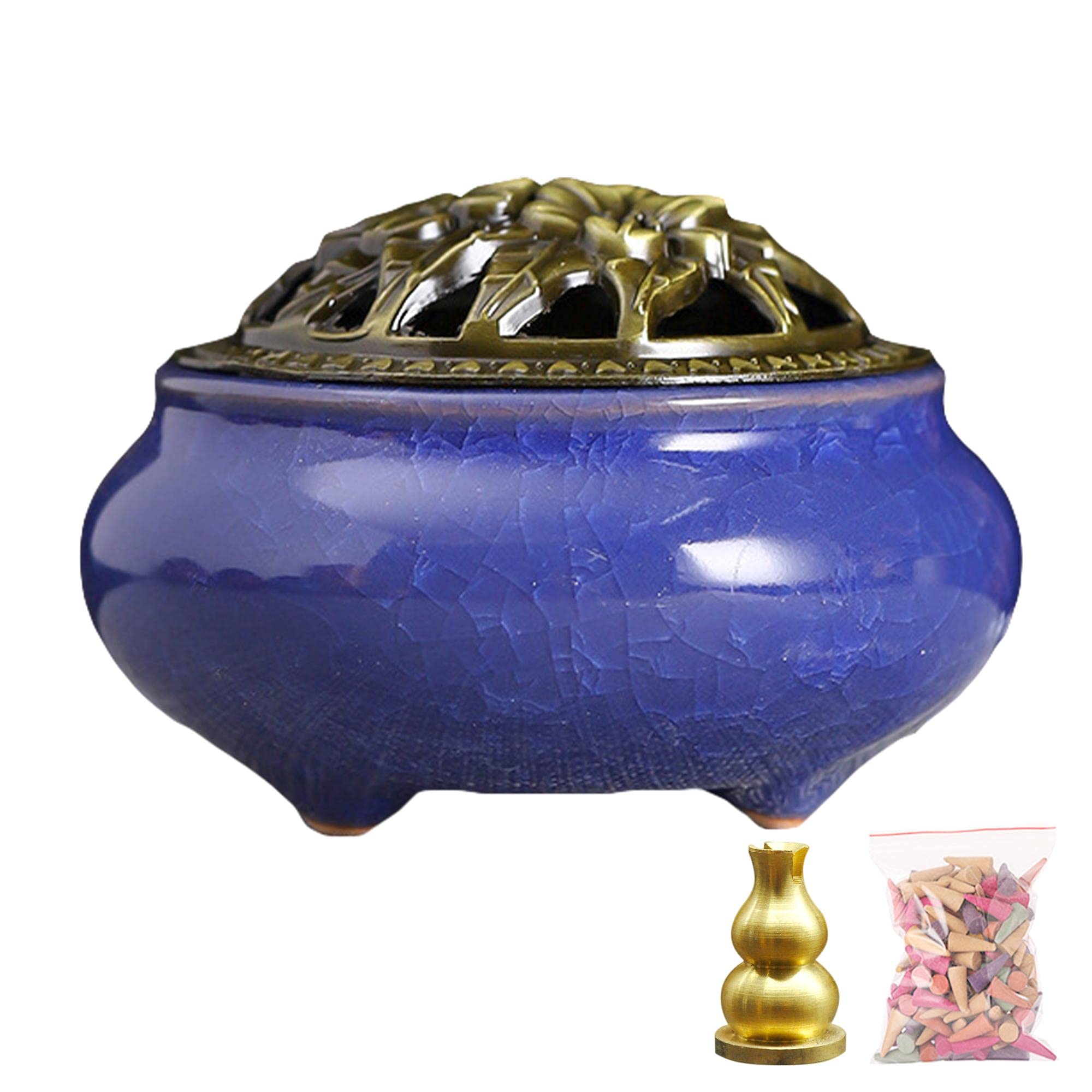 Incense Cone Burner, Ceramic Stick Incense Burner, Ceramic Censer Suitable for Linear/Cone/Pan Incense Stick Burner, with Metal Incense Holder+Fireproof Cotton+ Incense Cones (Gemstone Blue)