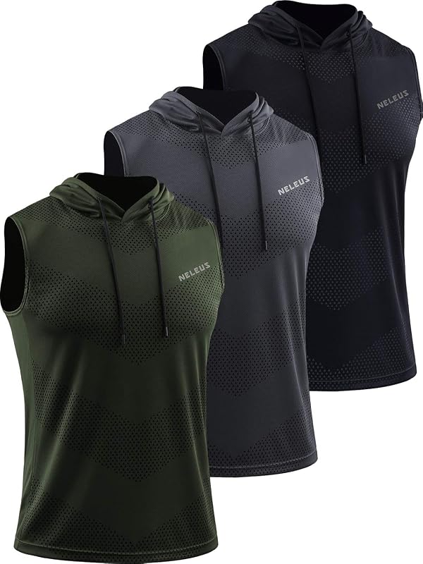 Neleus Camisetas sin mangas para hombre, paquete de 3 camisetas sin mangas para correr con buzo con capucha