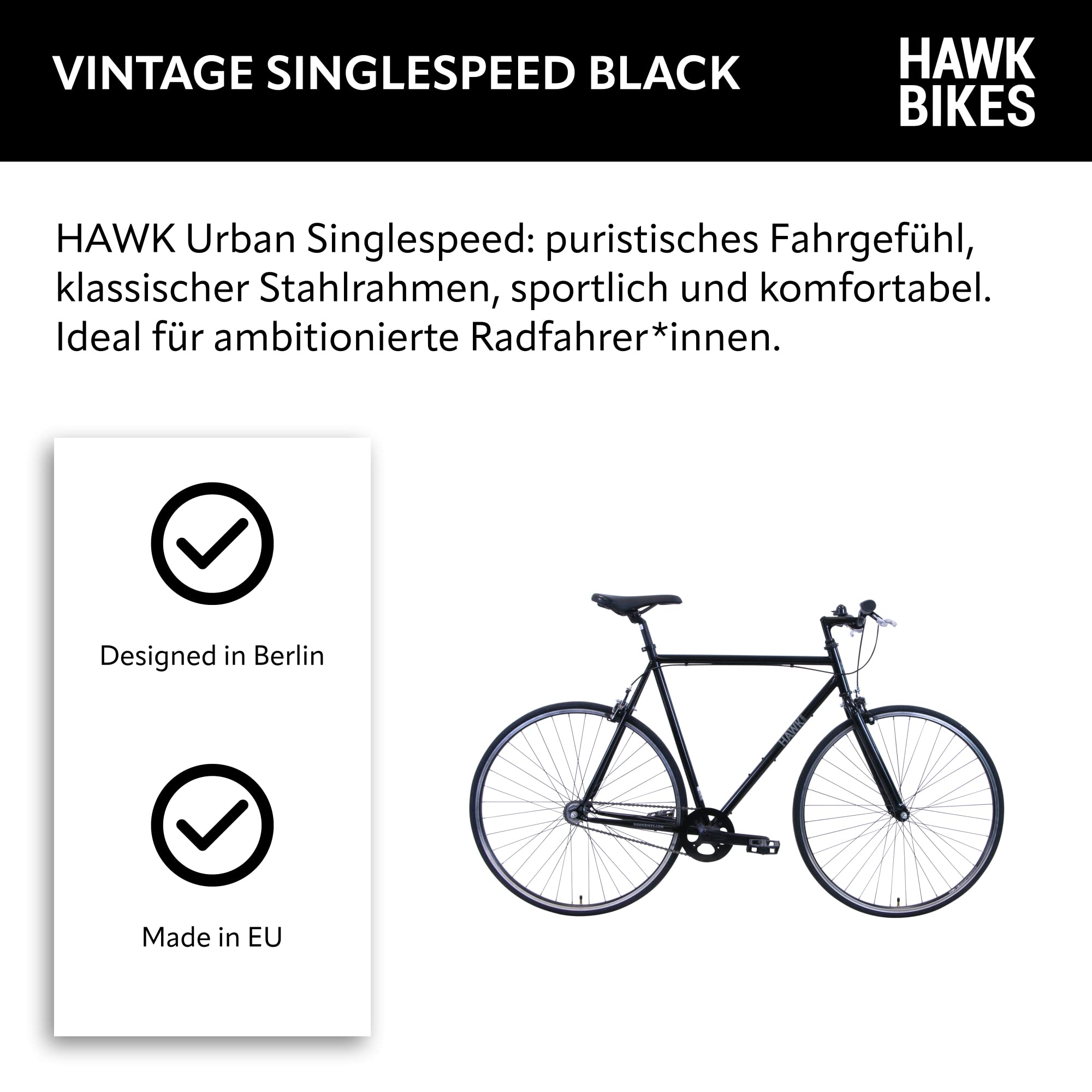 HAWK Vintage Singlespeed Fahrrad 28 Zoll Herren & Damen (60 cm) I Sportliches Fixie mit klassischem Stahlrahmen I Rennrad mit Felgenbremse I Black