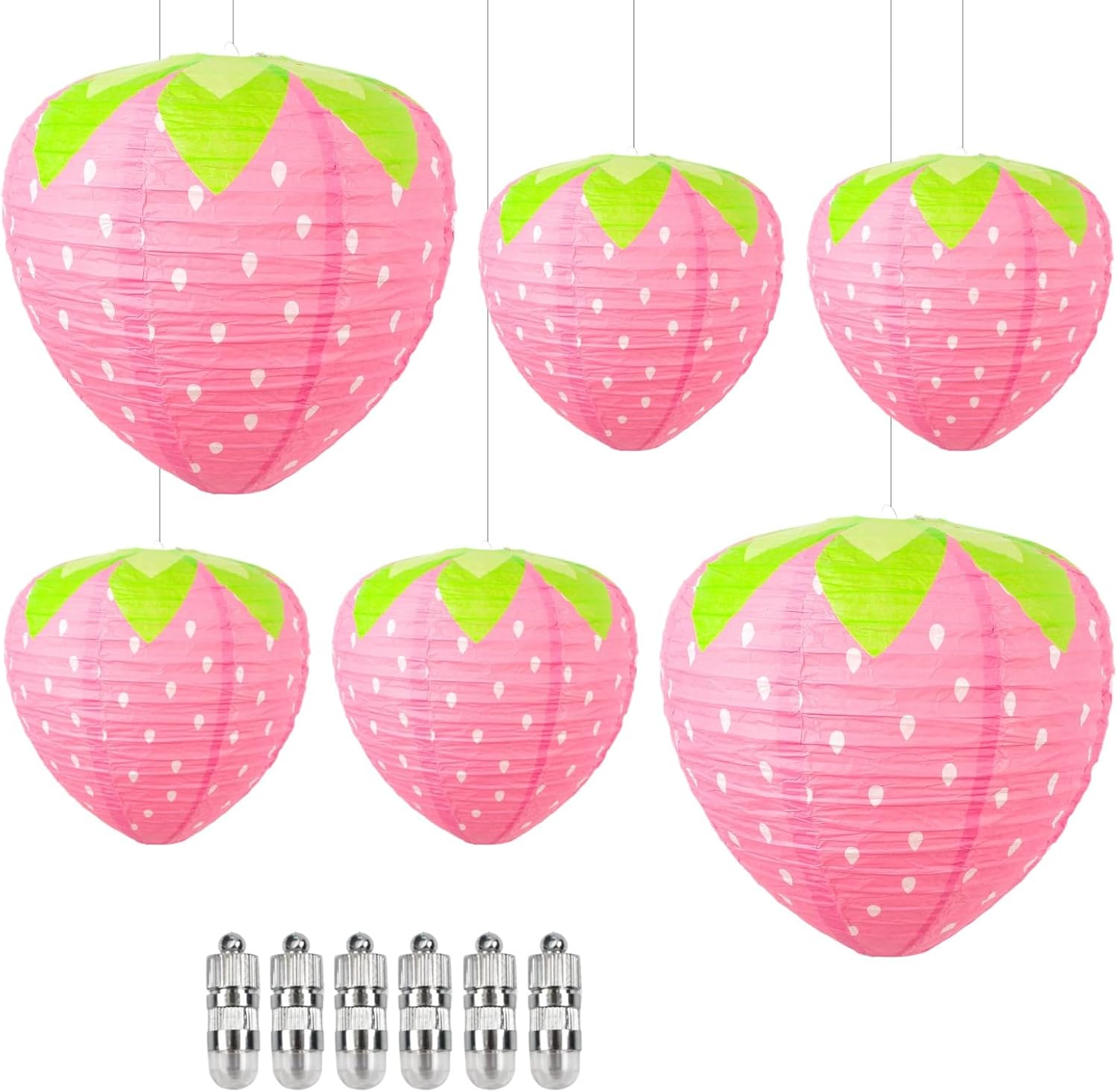 Paper Lanterns with LED Lights for Strawberry Decor, 12 & 8 Inch | 6 Pack Pink Hanging Lanterns for Kawaii Room Decor, Cute Core Bedroom, Strawberry Lamp, Party Decorations