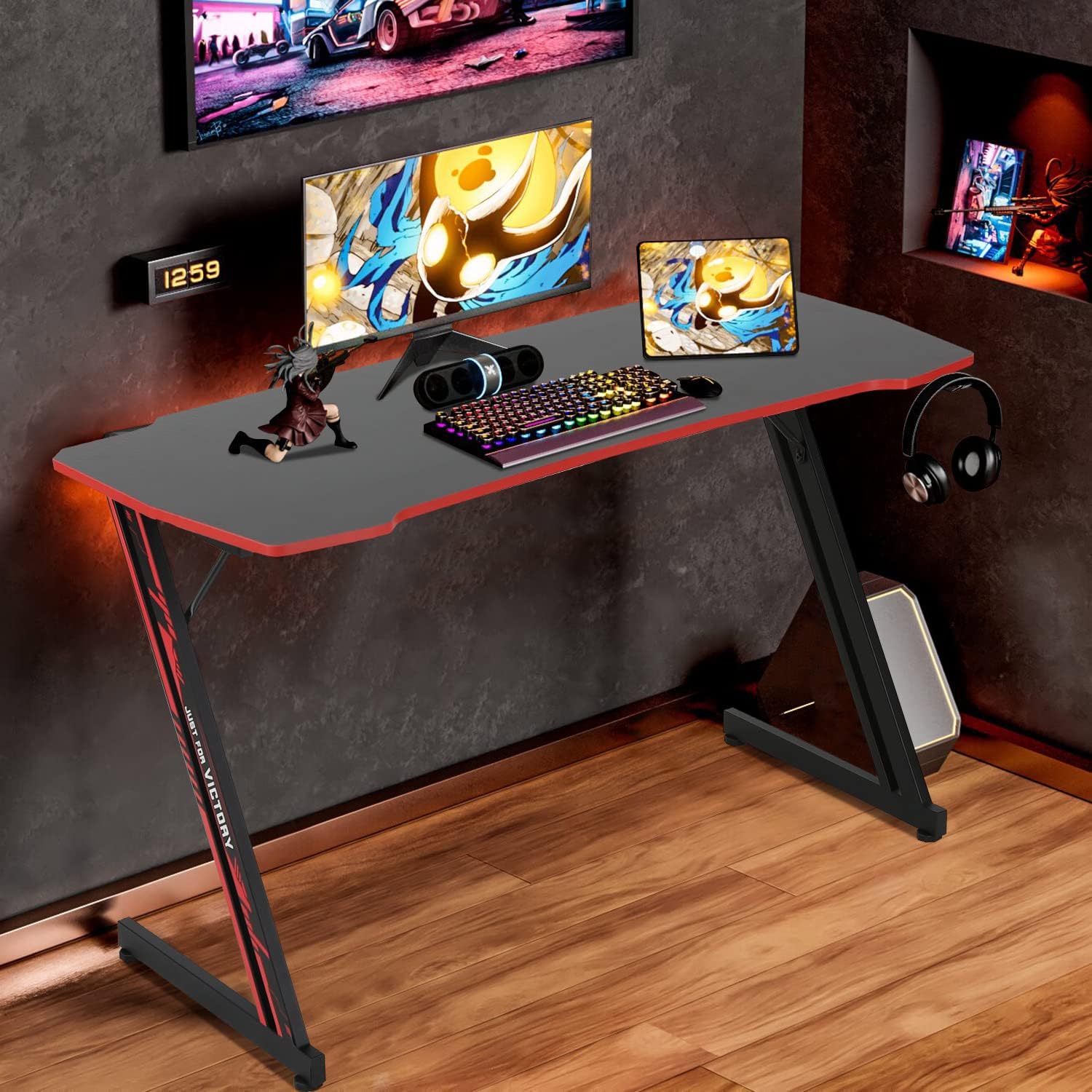 47 Inch Gaming Desk，Z Shaped Computer Desk with Headphone Hook & Adjustable Leg Pads, PC Desk Gaming Table for Home Office, Gaming Table Desk with PVC Surface & Metal Frame, Small Gaming Desk，Red
