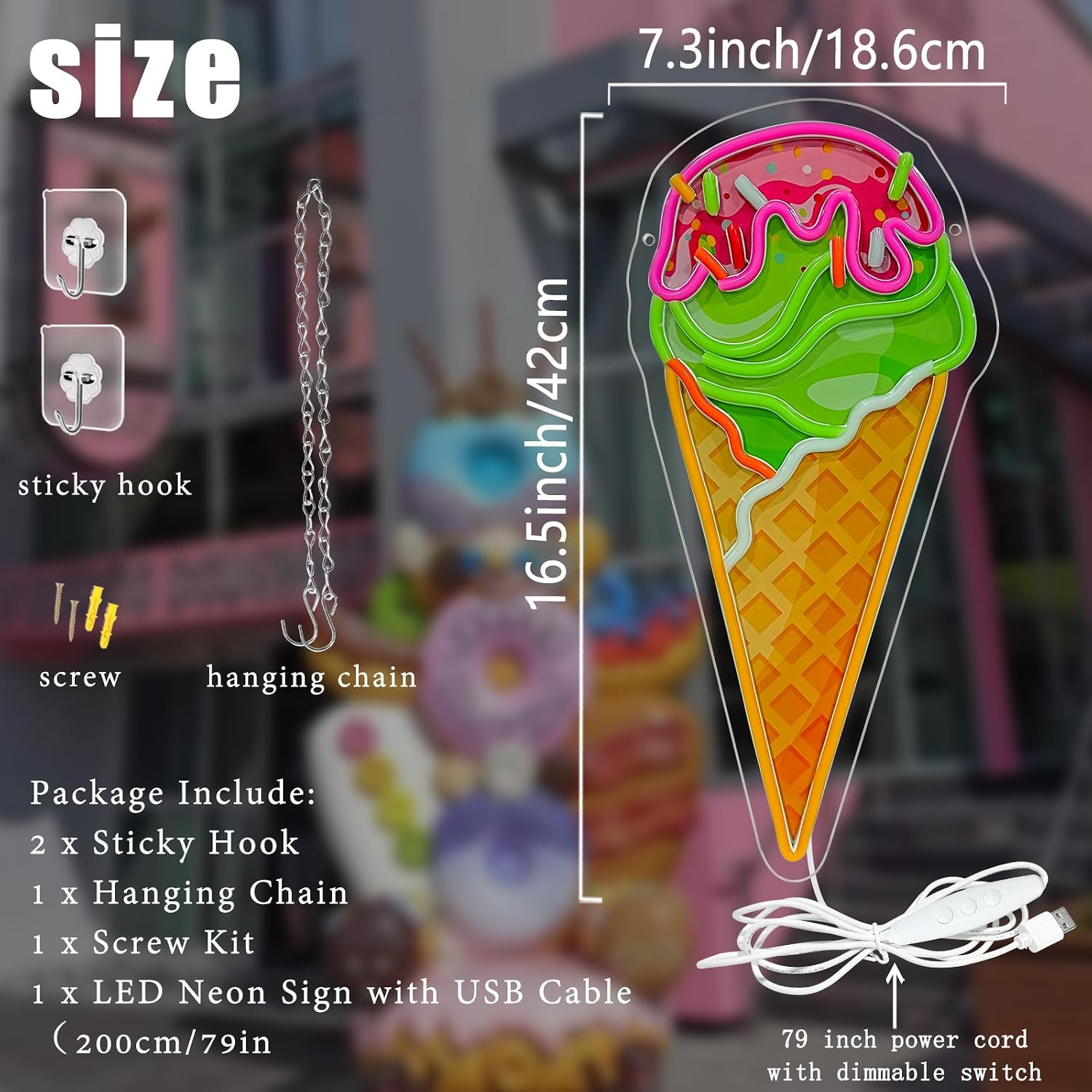 Colorful Ice Cream Neon Sign 7.3 * 16.5in Dimmable Ice Cream LED Neon Light image 2