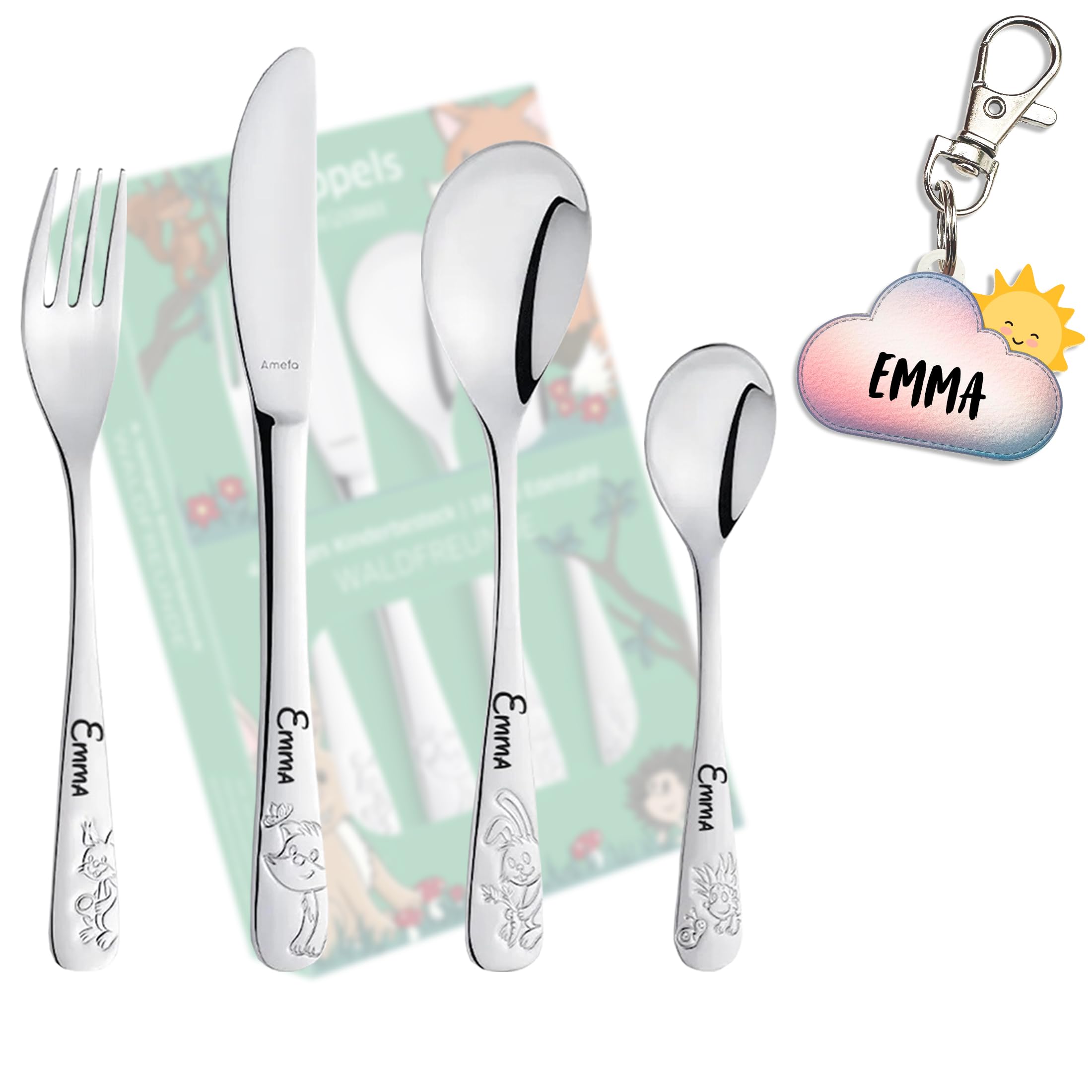 Kinderbesteck "Waldfreunde" mit Namen und gratis Namensanhänger als Geschenk/dauerhafte Lasergravur - 4-teilig/Made in Germany