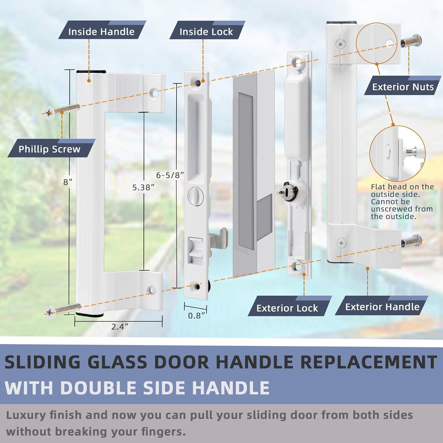 Sliding Glass Door Handle Set with Interior and Exterior Handles, 6-5/8, Fits 1 to 1-1/8 Thick Doors. (White- Straight Handle 2 Sides, Straight Tube Handle with Key)