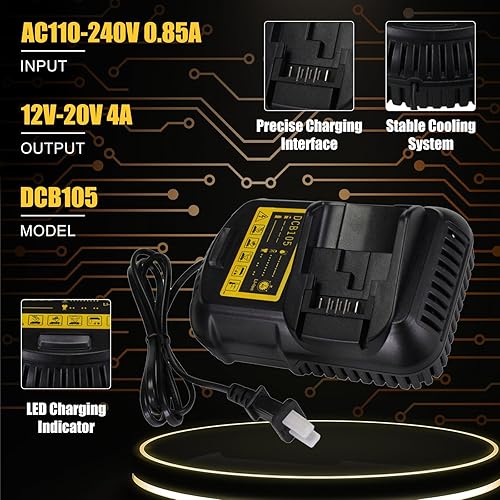 Miniatura 3 de Paquete de 2 baterías DCB208 de 10 Ah y cargador DCB105 de repuesto para batería Dewalt de 20 V Max y cargador compatible con baterías Dewalt de 20