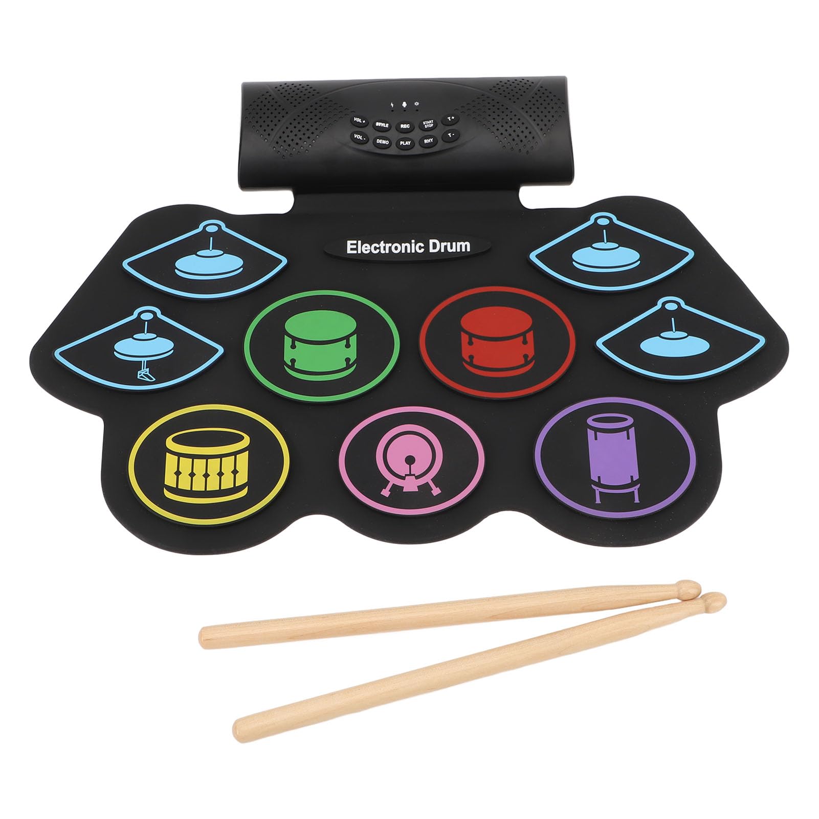 Alomejor Set Pad Per Batteria Elettronica, Tappetino Per Batteria Arrotolabile Ricaricabile Con 7 Toni Di 10 Canzoni Demo Uscita MIDI, Con Bacchetta E Pedale, Per Bambini (Spina europea)